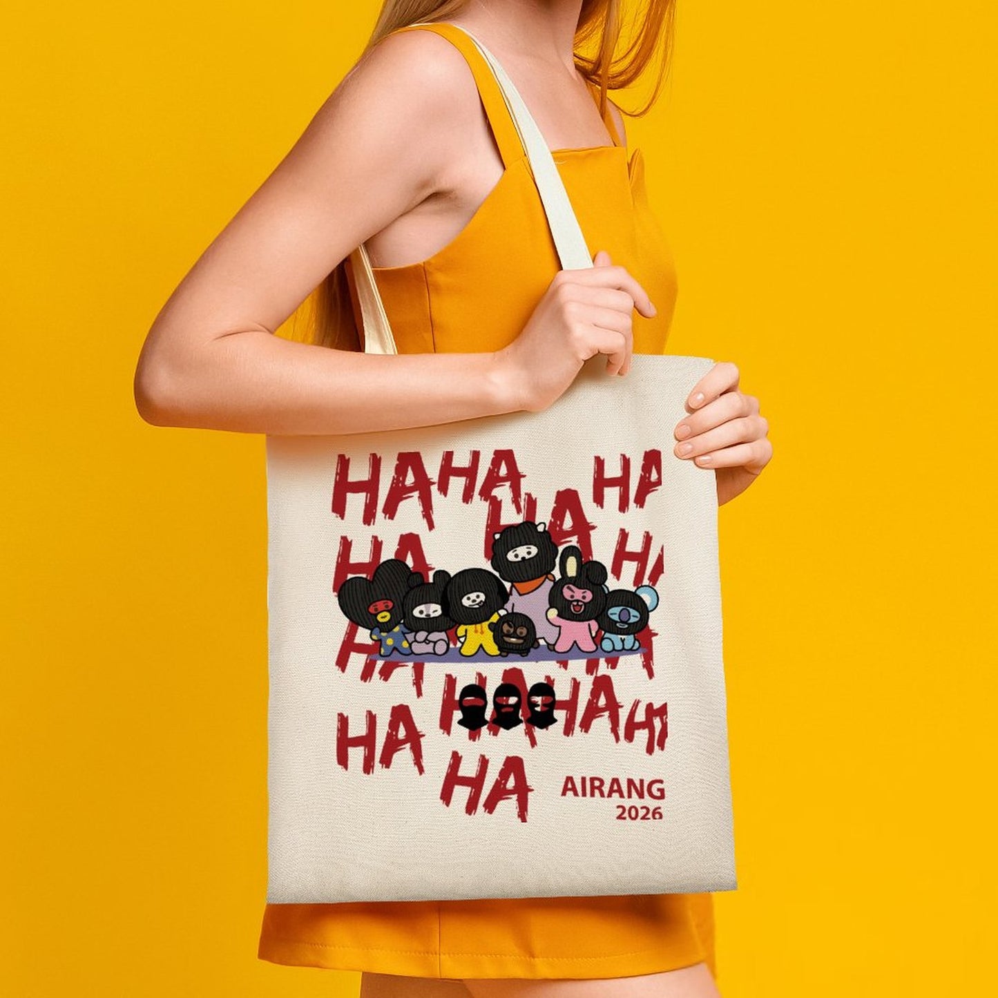 Model wearing the BT21 Hooligan casual tote bag over the shoulder for an everyday street style aesthetic.