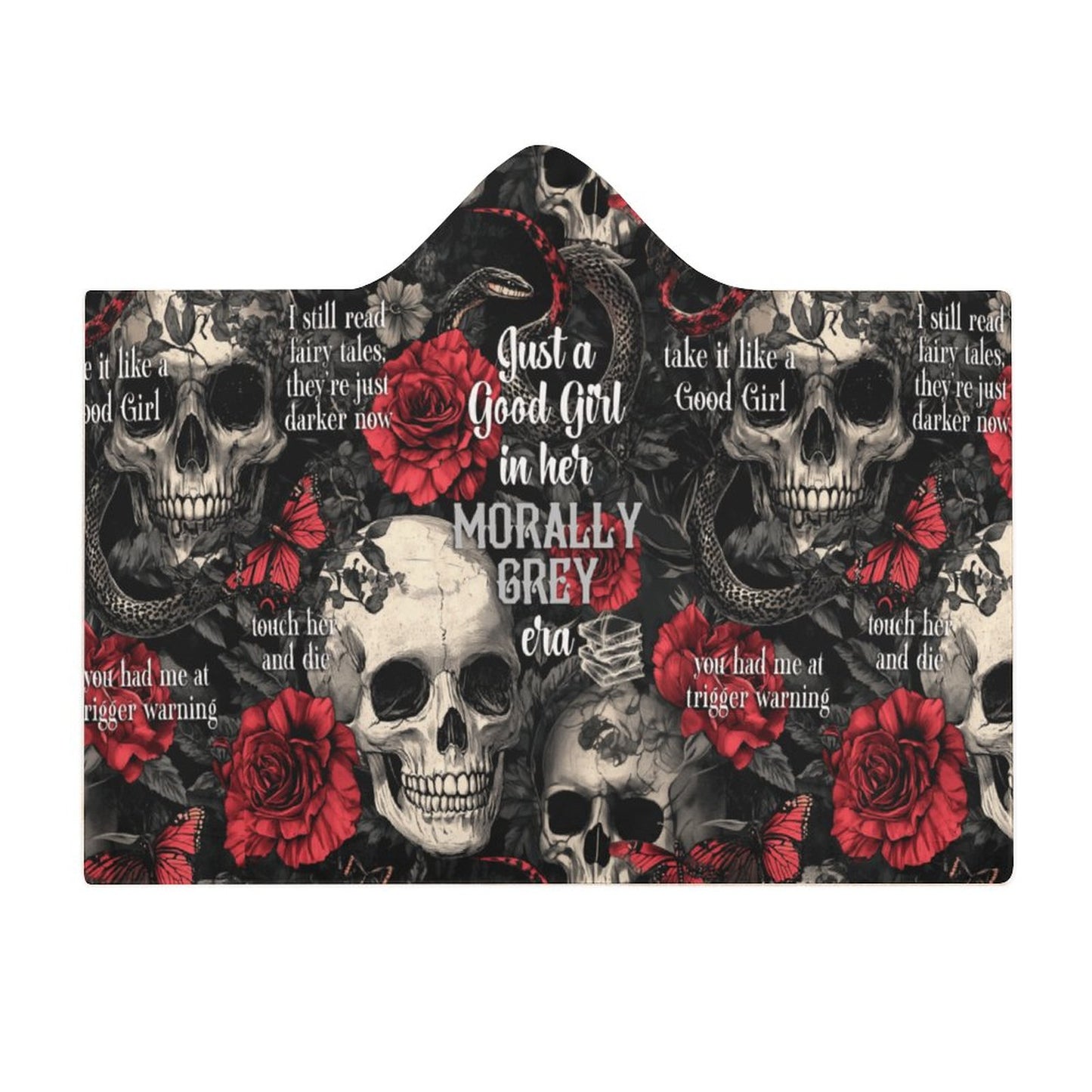 Oversized Morally Grey Hero hooded blanket with gothic script, perfect for cozy dark romance reading sessions.