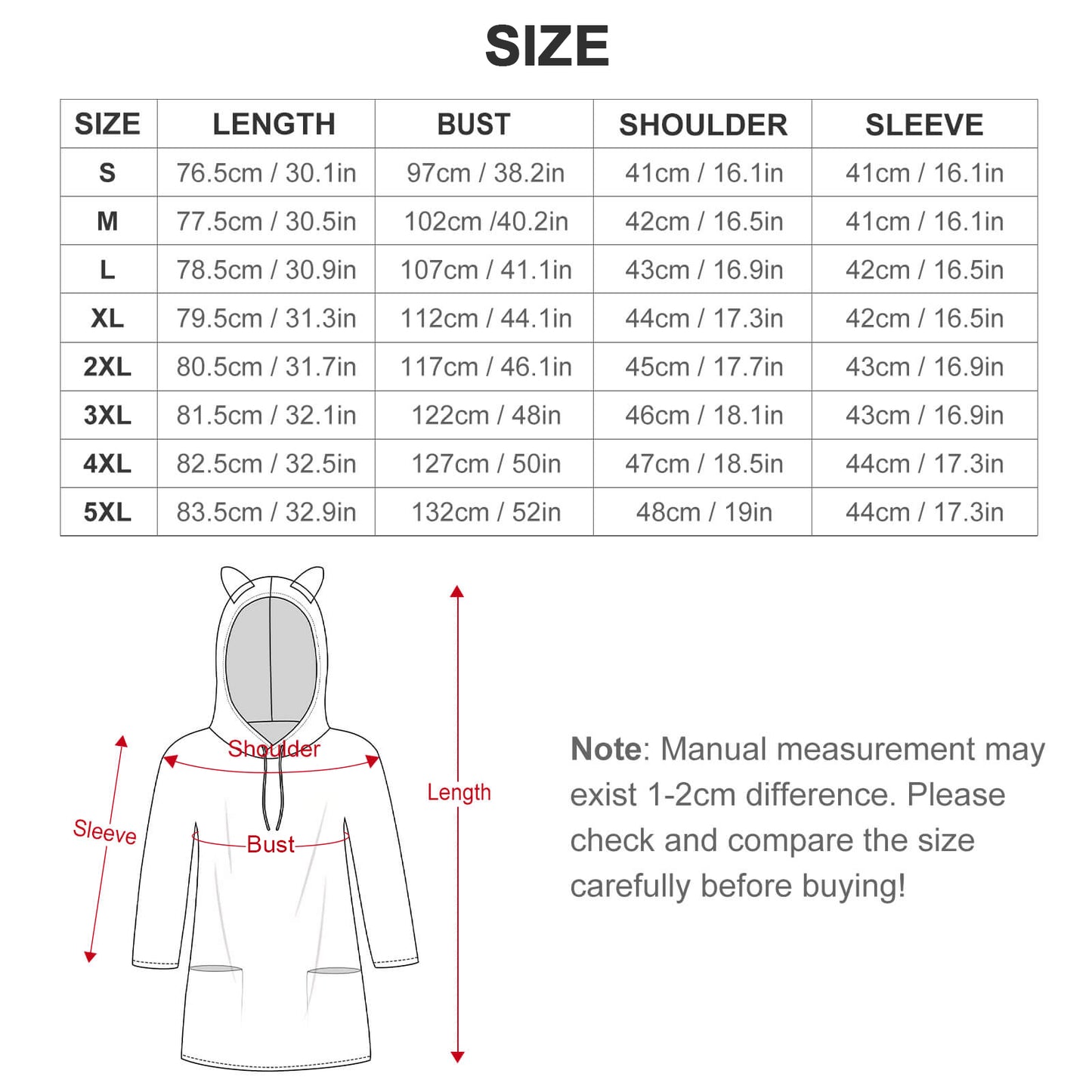 230gsm Hooded Pullover(All-Over Printing) — size chart