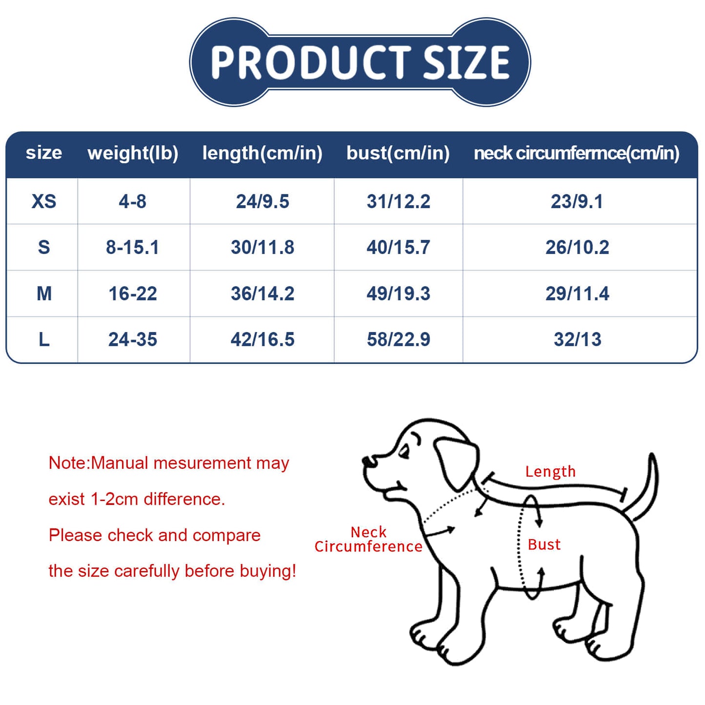 Dog size chart with measurements for weight, length, bust, and neck circumference.