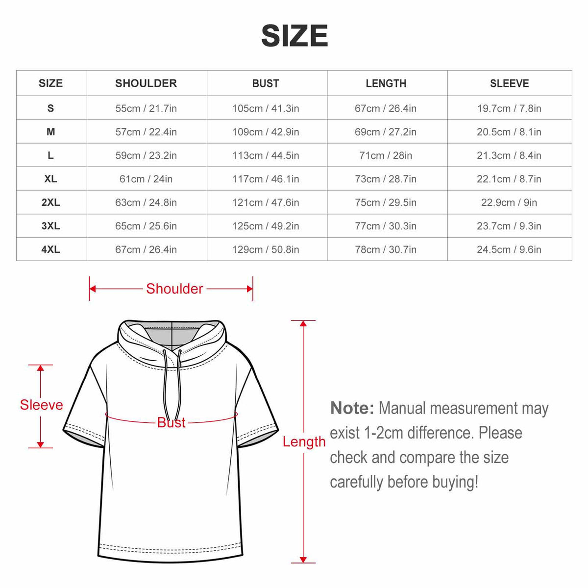 Clothing By Hot Takes Designs size chart illustration for a short-sleeved graphic hoodie with measurement labels.