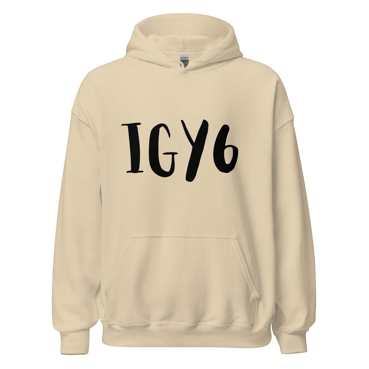 Clothing By Hot Takes Designs beige unisex heavy blend hoodie with black IGY6 text on the front and kangaroo pocket.