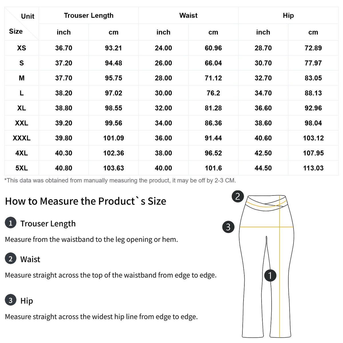 Clothing By Hot Takes Designs size chart for women's crossover yoga joggers with measurement guide and table