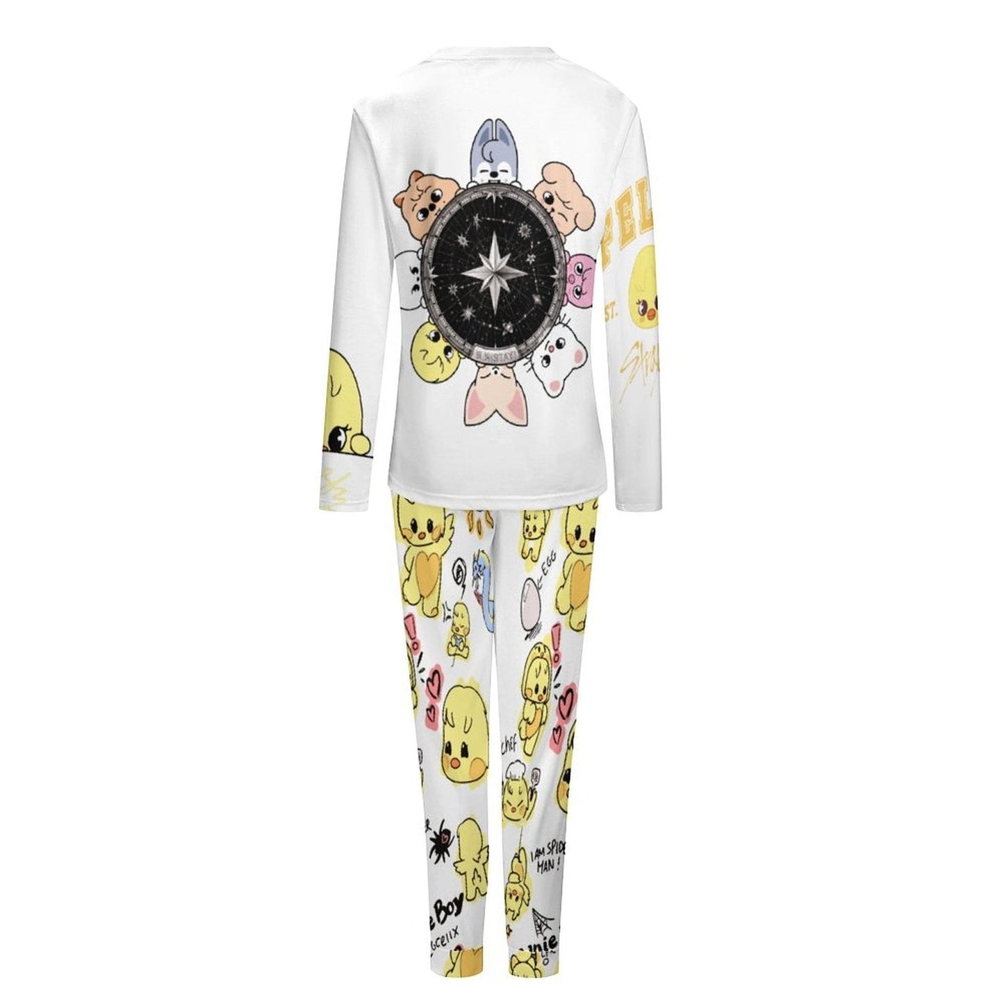 Clothing By Hot Takes Designs SKZOO BbokAri and TASY pajama set with white long-sleeve top and patterned trousers.