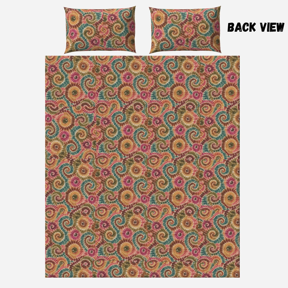 Clothing By Hot Takes Designs 3-piece bedding set with a vibrant fall-toned spiral tie-dye quilt cover and pillowcases.