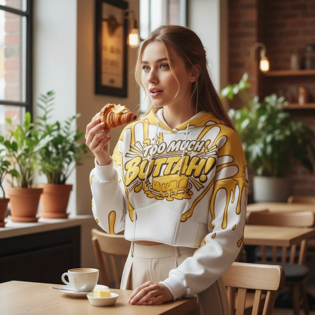 Clothing By Hot Takes Designs cropped hoodie with Too Much Buttah graphic in a cozy cafe setting.