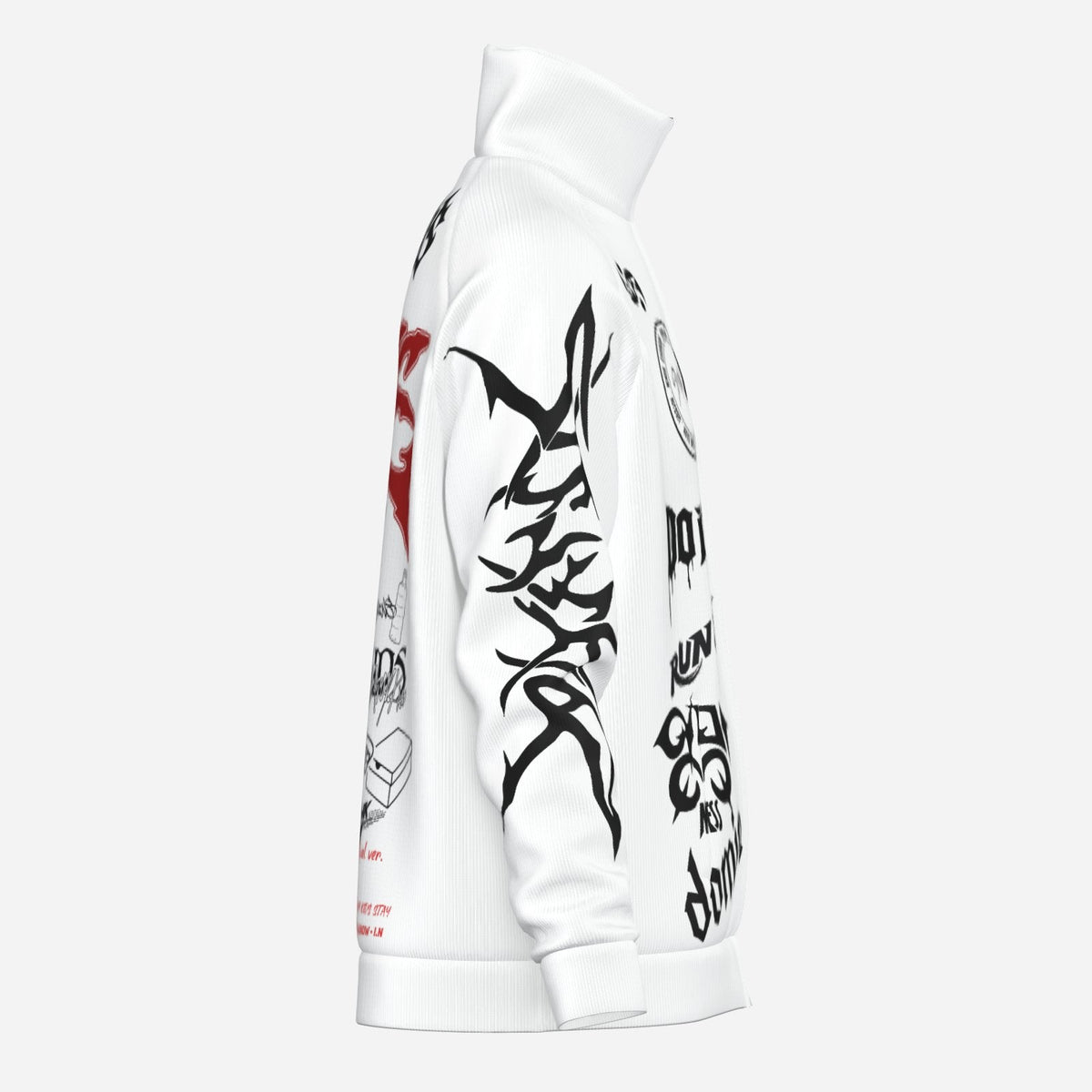 Side angle view showing sleeve graphics on white Stray Kids stand collar windbreaker jacket