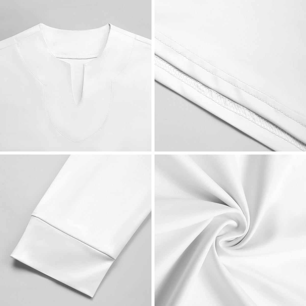 Clothing By Hot Takes Designs white ice silk V-neck shirt showing neckline, hem, sleeve cuff, and fabric texture detail.