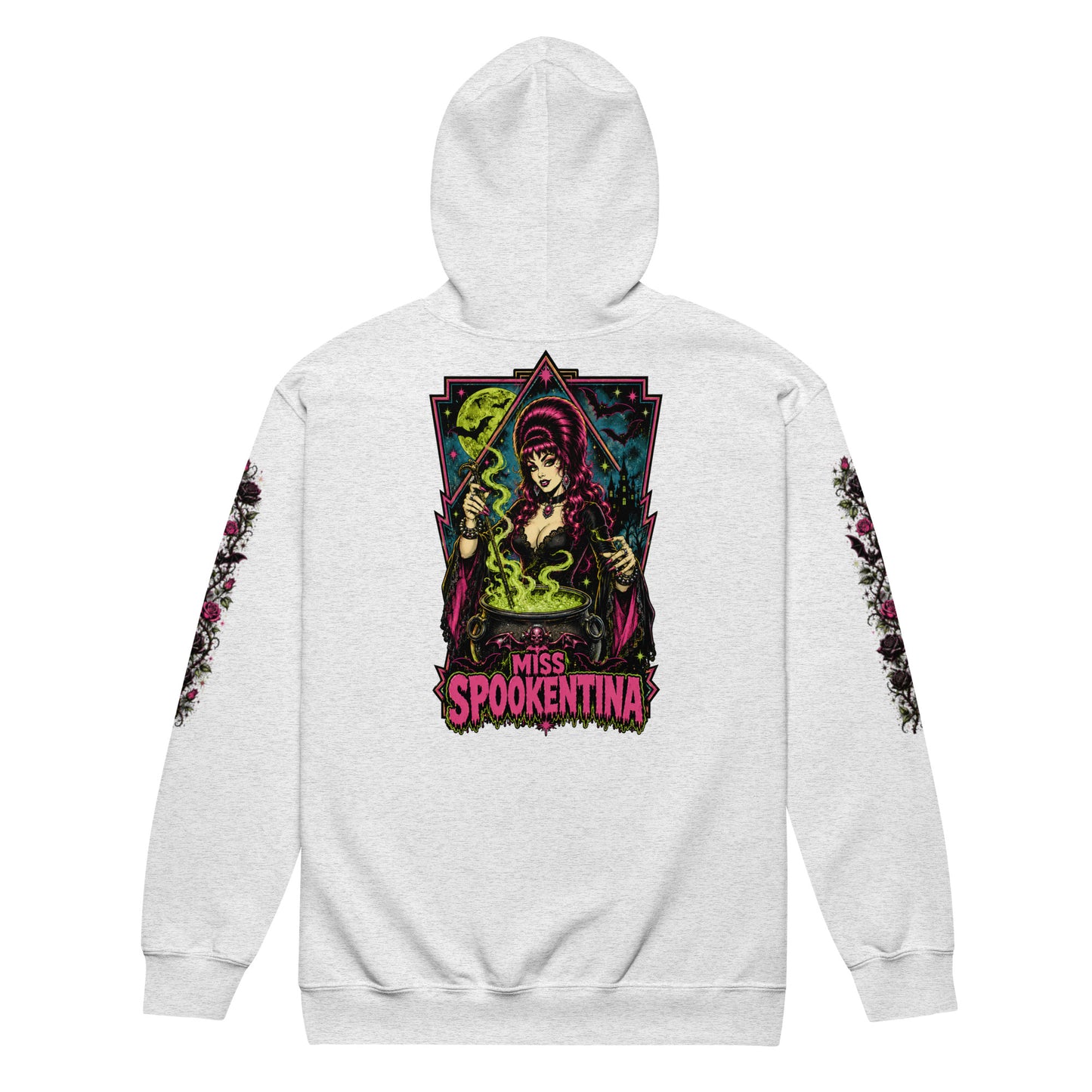 Back view flat mockup of an ash grey unisex heavy blend zip hoodie featuring vintage gothic witch Miss Spookentina brewing a glowing green cauldron with dark floral rose sleeve prints