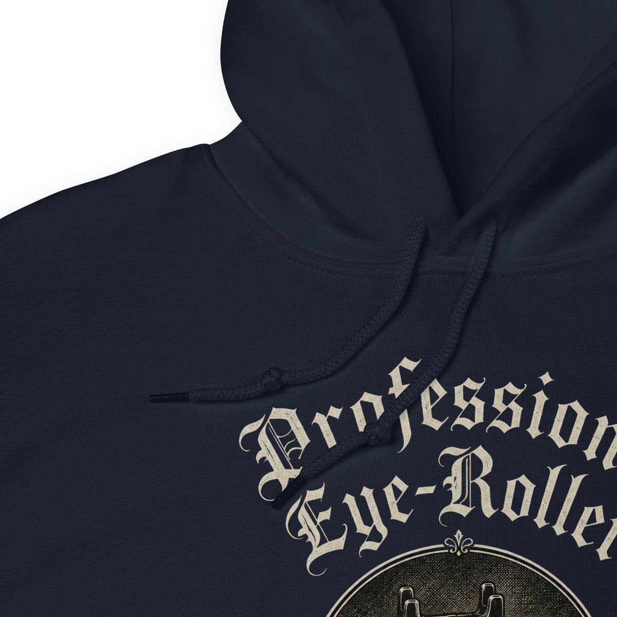Close-up view of the vintage-style Professional Eye-Roller graphic print on fabric