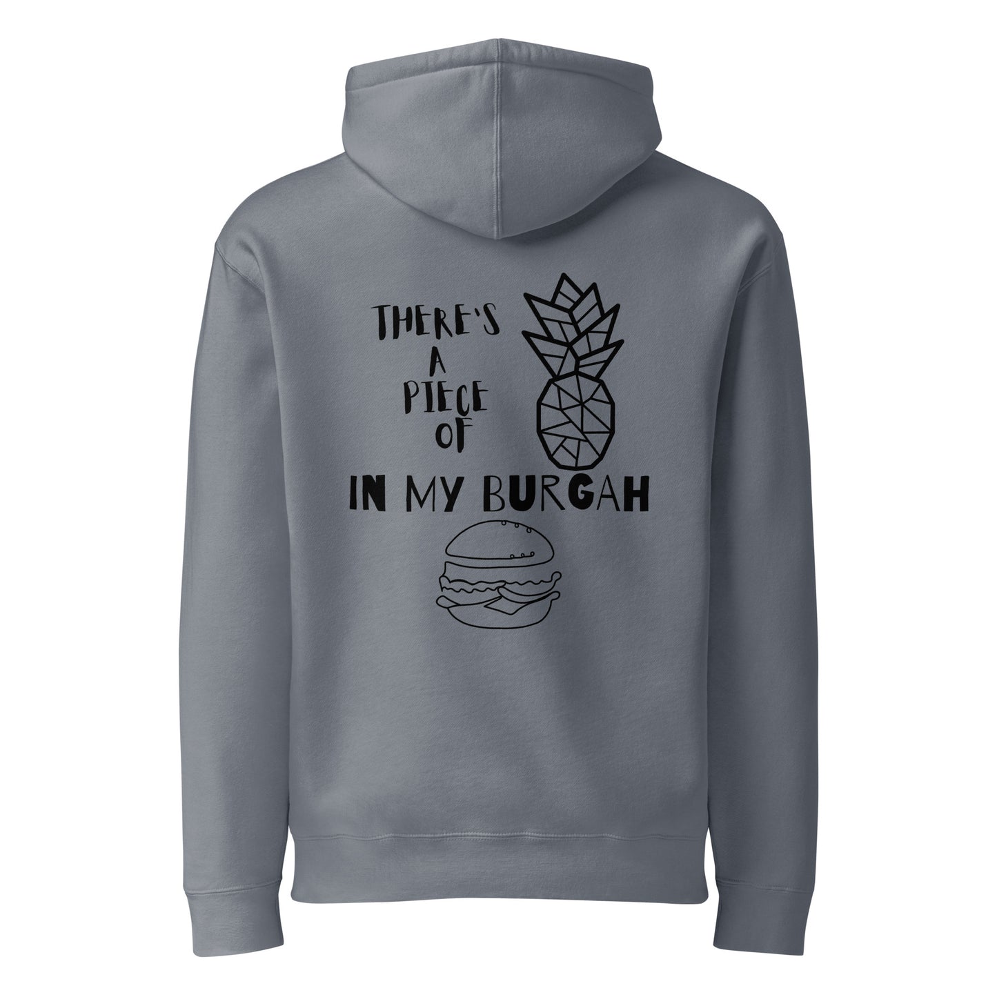Back view of the Storm Blue Stray Kids "in my burgah" heavyweight hoodie featuring a graphic of a geometric pineapple, a burger, and the text "There's a piece of in my burgah."