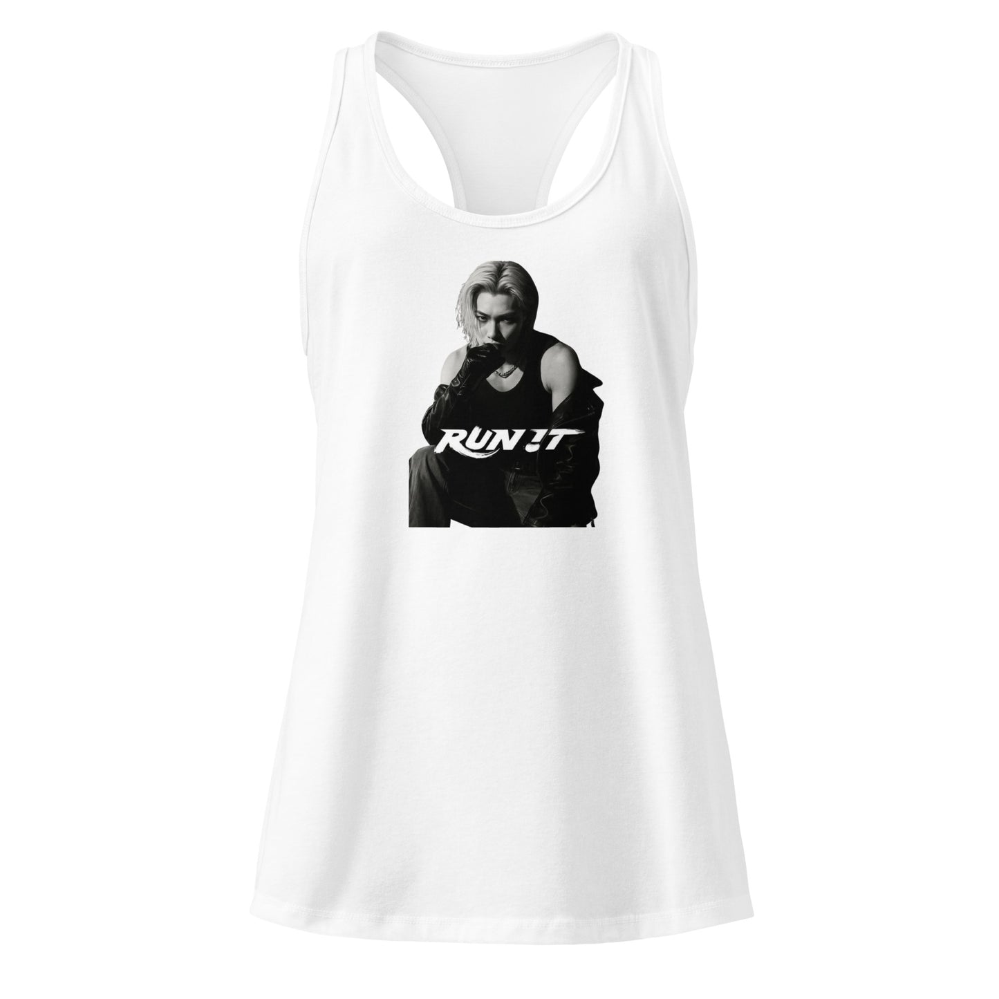 Front view of a white fitted racerback tank top featuring a dark graphic print of Felix from Stray Kids with the text "RUN IT".
