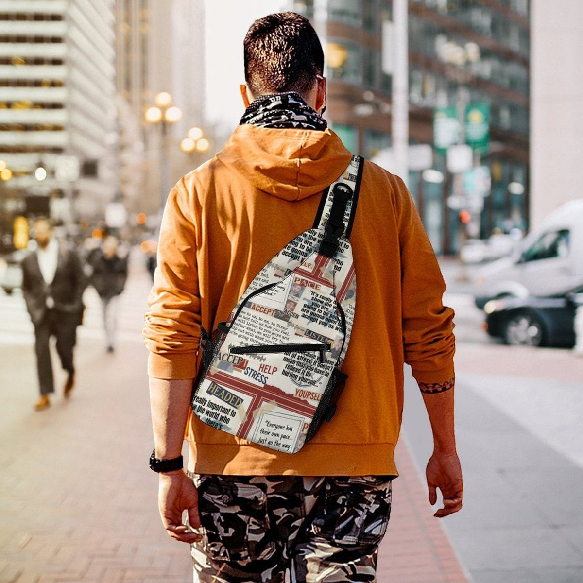 Clothing By Hot Takes Designs Stray Kids Bang Chan Positivity sling bag with newspaper print worn as a back crossbody