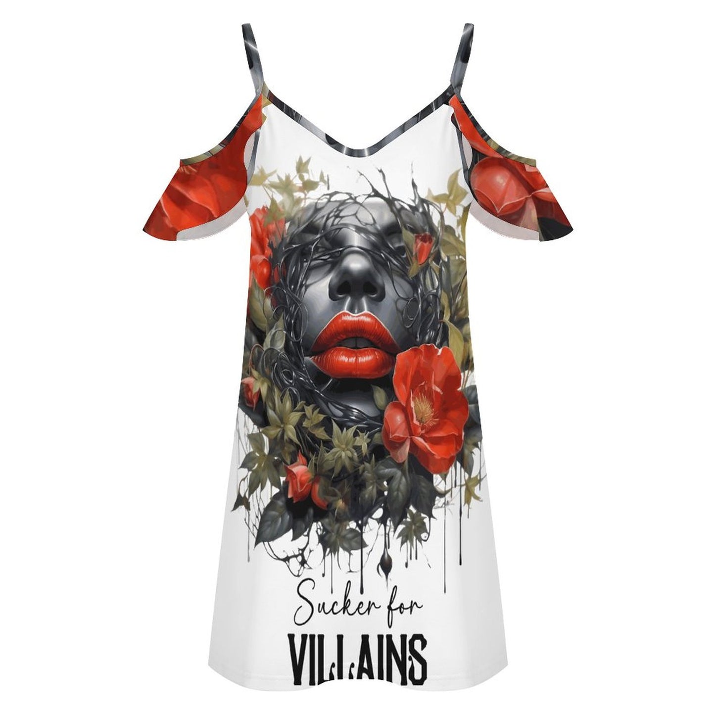 Flat lay product mockup of the white ruffle spaghetti strap dress, showcasing the cold-shoulder silhouette and the dark romance graphic illustration of a woman's face surrounded by red roses with the text "Sucker for VILLAINS".