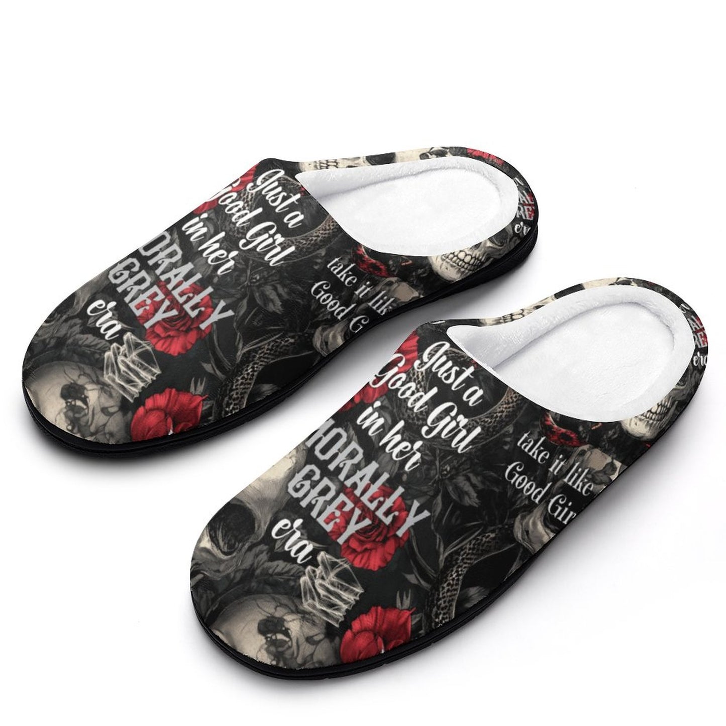 White plush bookish slippers with 'In My Morally Grey Era' text and skull rose design.