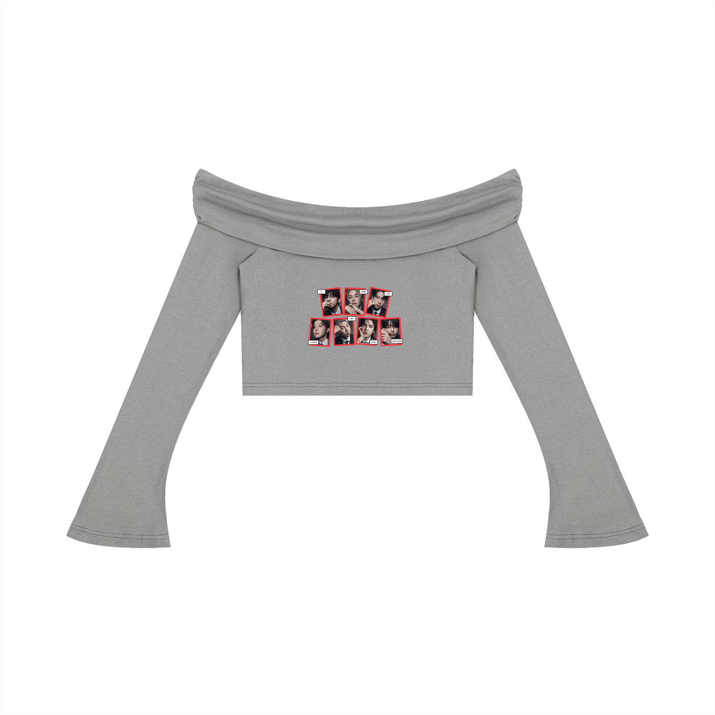 Back view of the gray BTS Arirang flare sleeve crop shirt, showcasing the sleek elasticized off-shoulder neckline and dramatic bell sleeves.