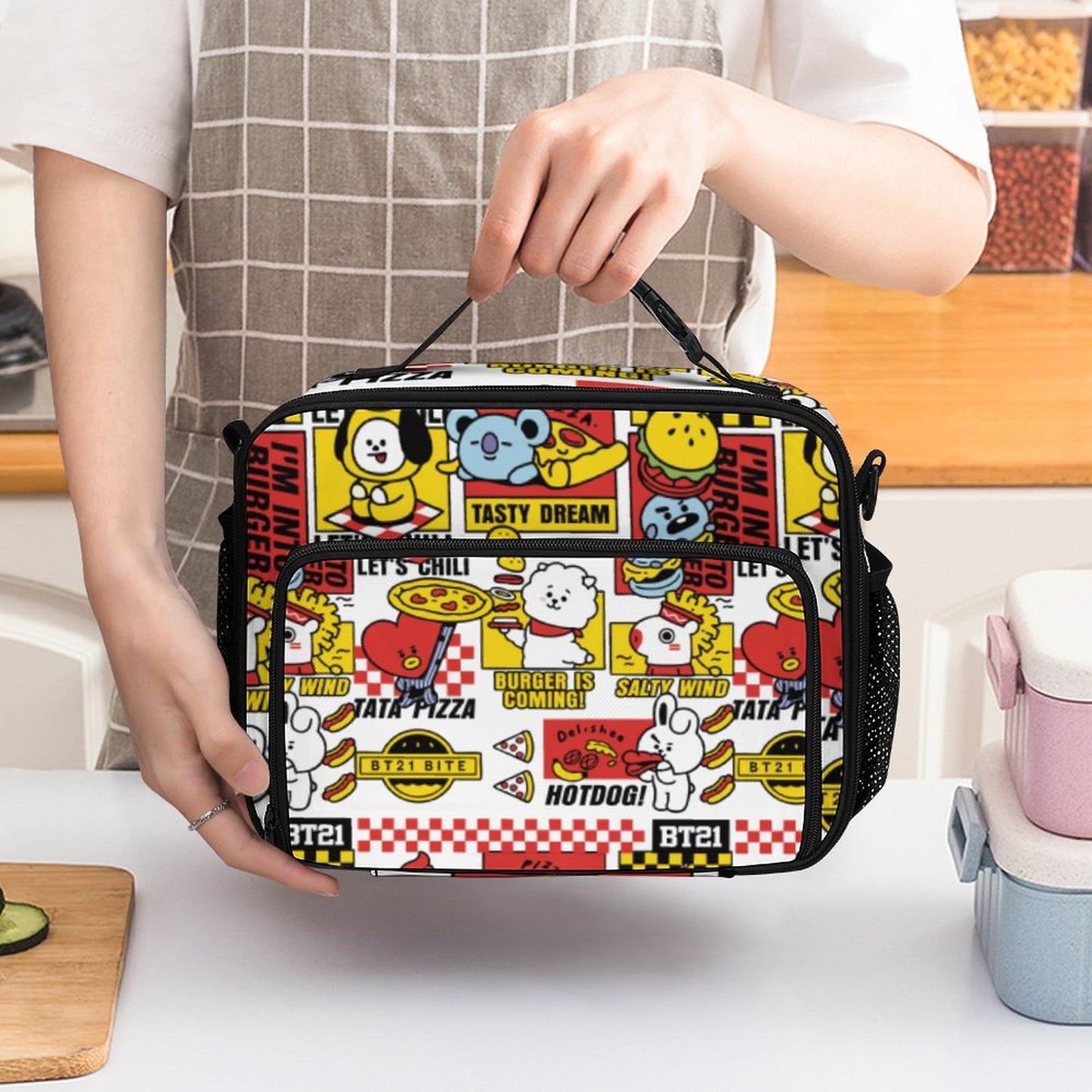 BT21 Inspired Large Capacity Insulated Lunch Bag – K-Pop Aesthetic Crossbody Tote
