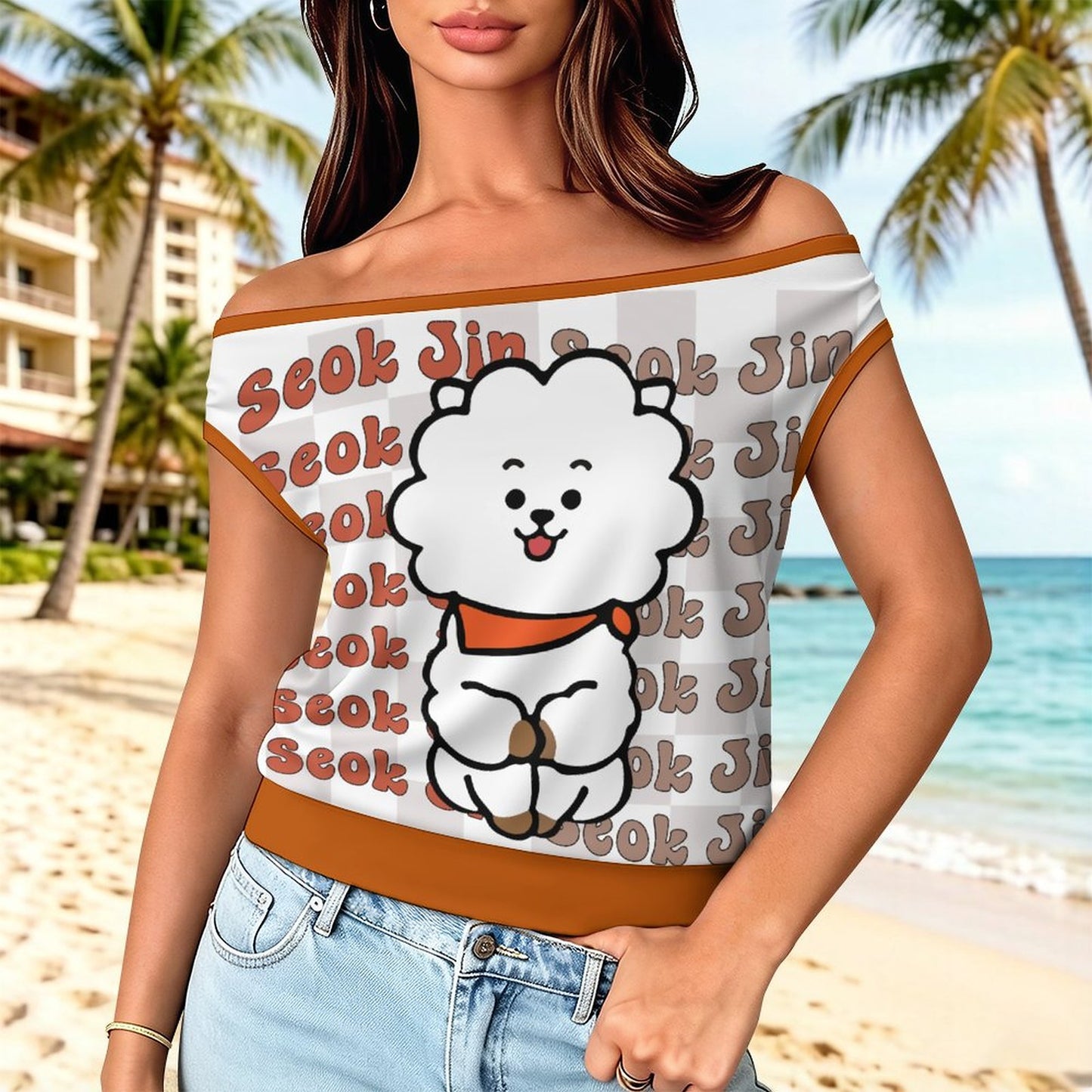 BTS Jin BT21 Off-Shoulder T-Shirt | K-Pop Fan Merch All-Over Print
