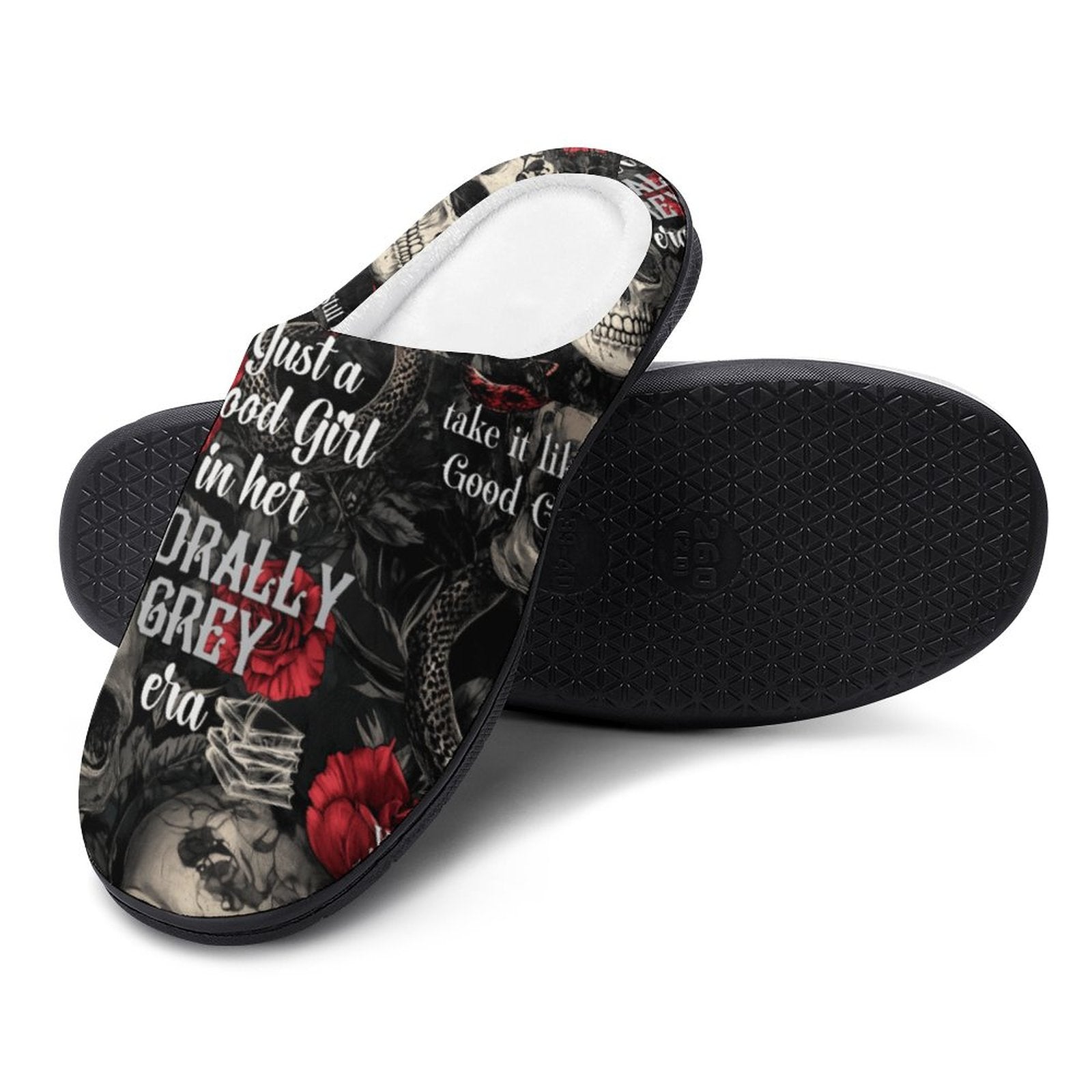 White plush bookish slippers with 'In My Morally Grey Era' text and skull rose design.