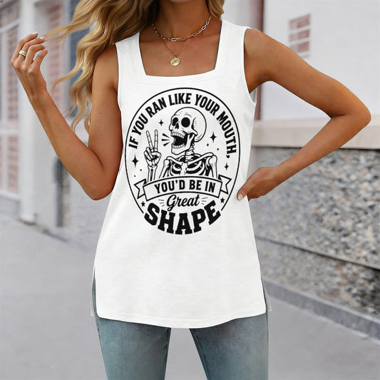 Full-length front view styling mockup of a woman wearing a white cropped tank top with a sarcastic gym skeleton print, paired with gray denim shorts.