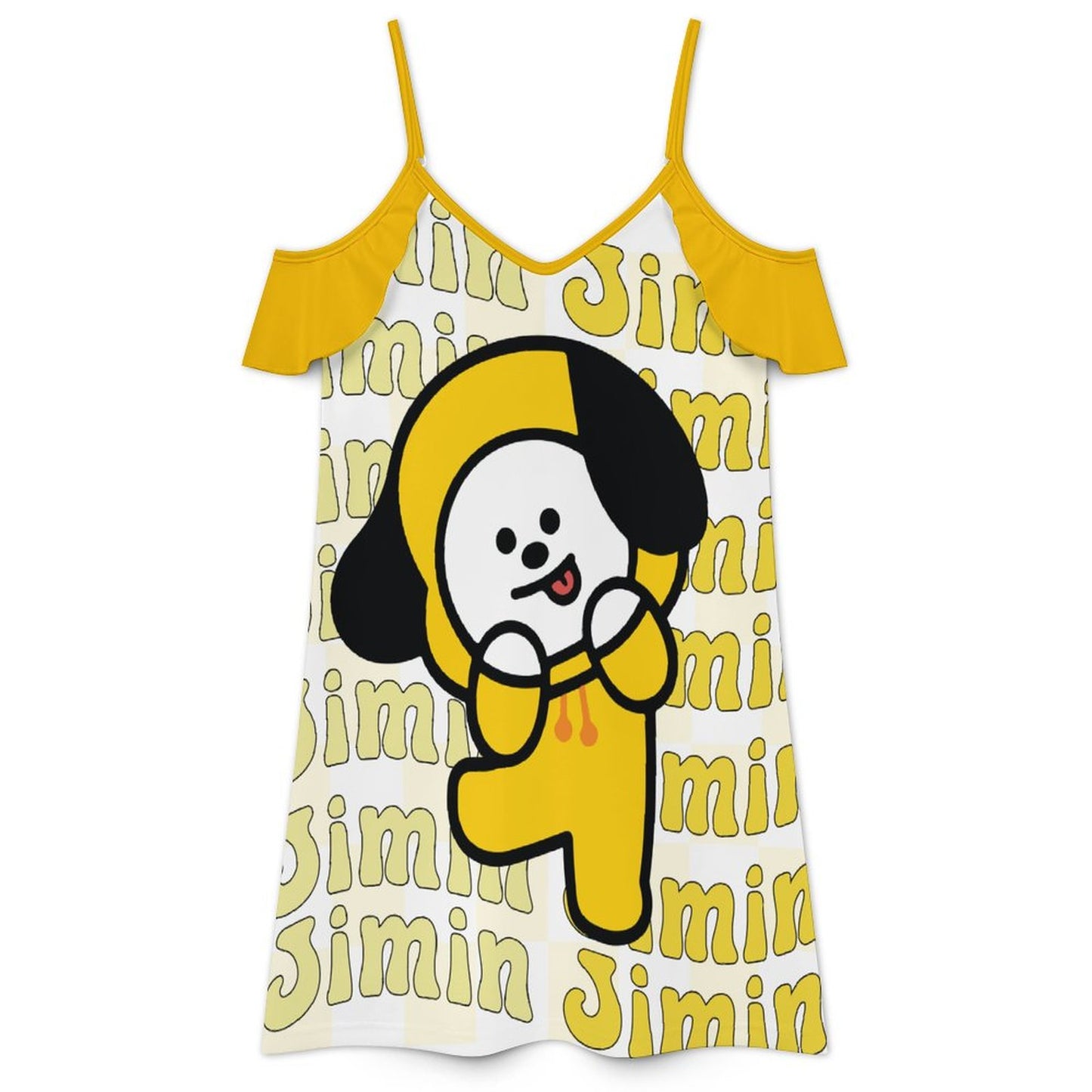 BT21 Chimmy Jimin Ruffle Spaghetti Strap Dress | K-Pop Fan Merch All-Over Print