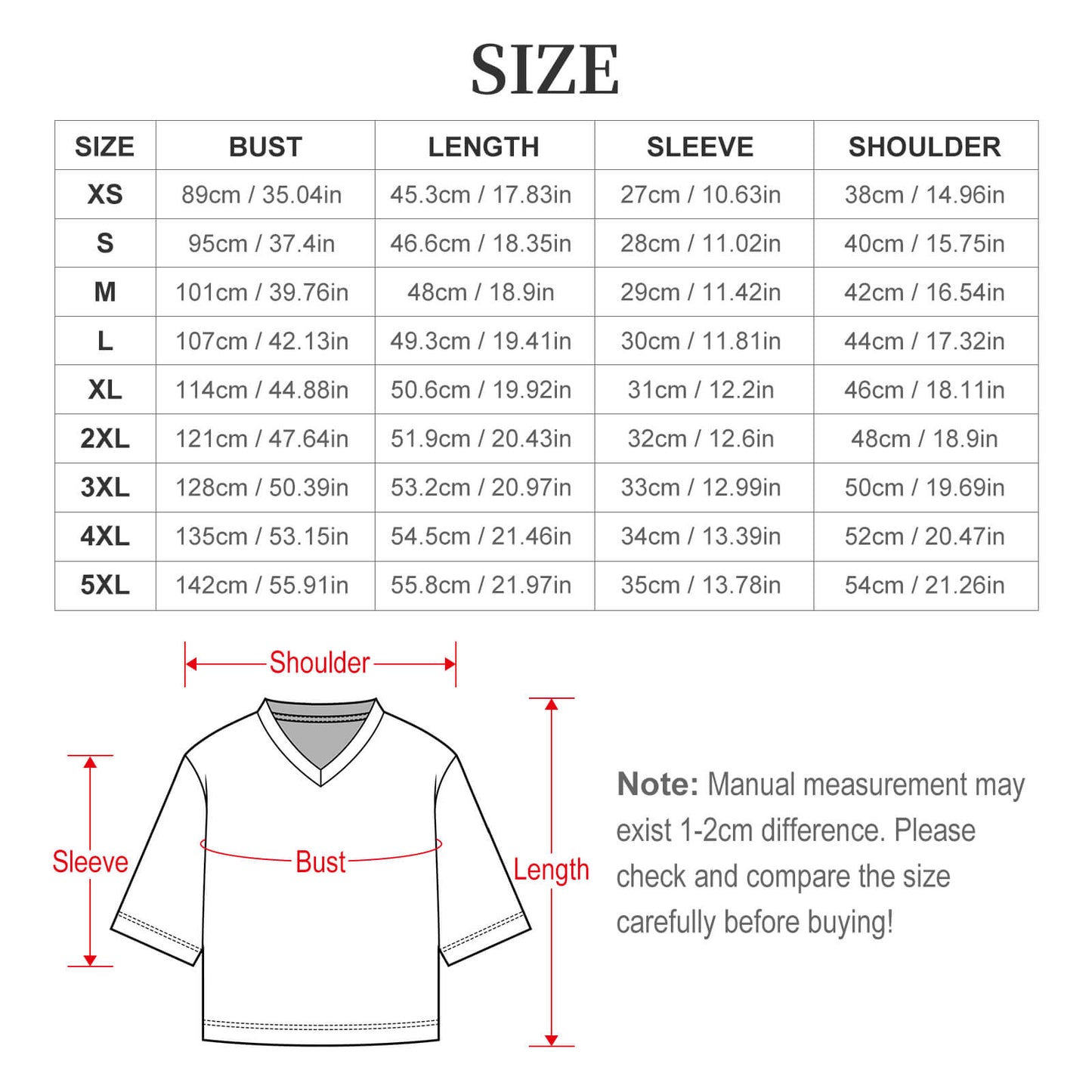 Flat lay dimension size chart for the women's V-neck rugby shirt, outlining inclusive European sizing parameters from XS to 5XL for an accurate true-to-size or oversized streetwear fit.