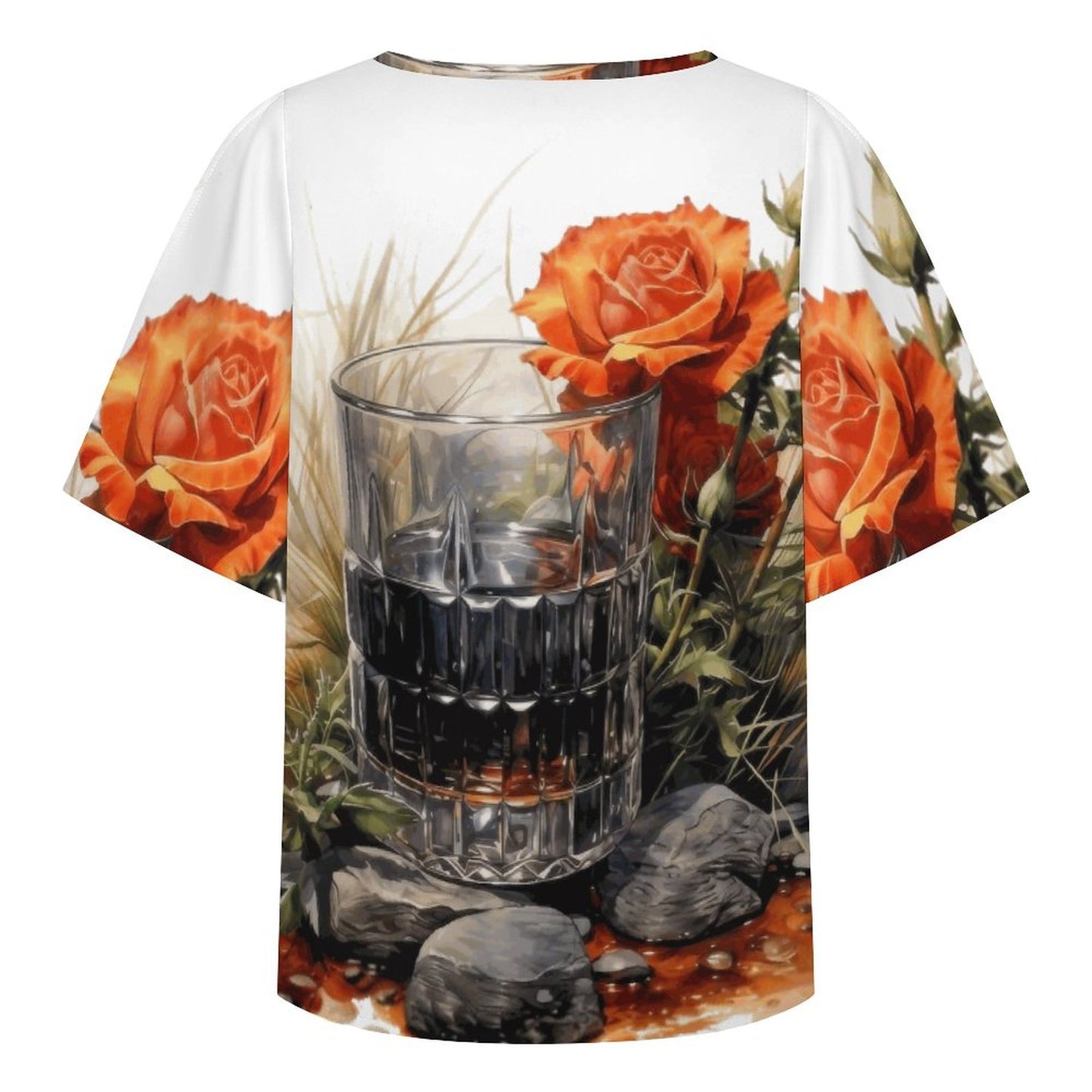 T-shirt with a design of a glass of whiskey surrounded by orange roses on a white background