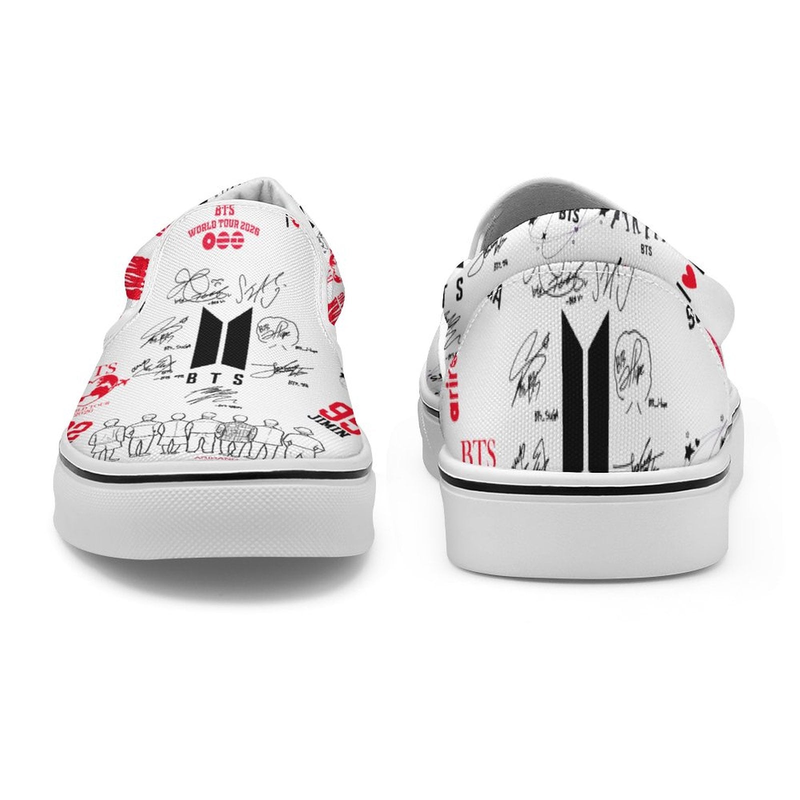 Close up of durable rubber sole and cushioned insole of BTS ARMY themed slip-on shoes.