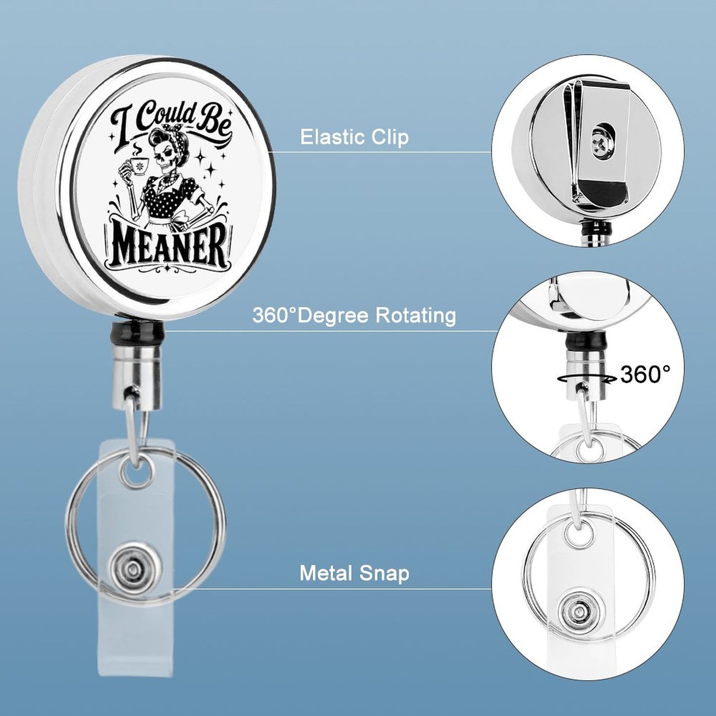 Retractable badge holder with features labeled on a blue background