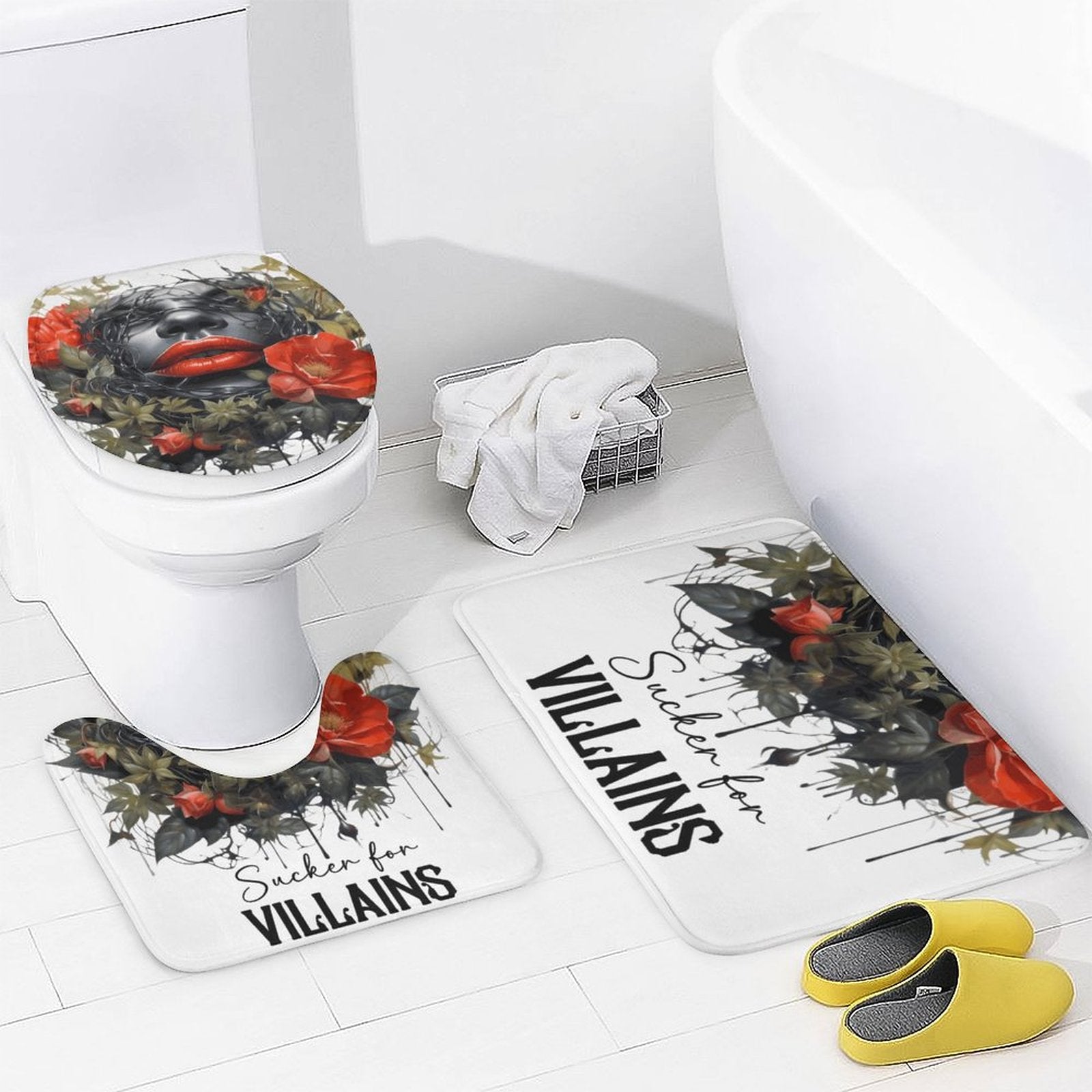 Angled close-up of the plush flannel bath mat, U-shaped contour rug, and toilet lid cover featuring the BookTok dark romance graphic theme with clean stitched edges.