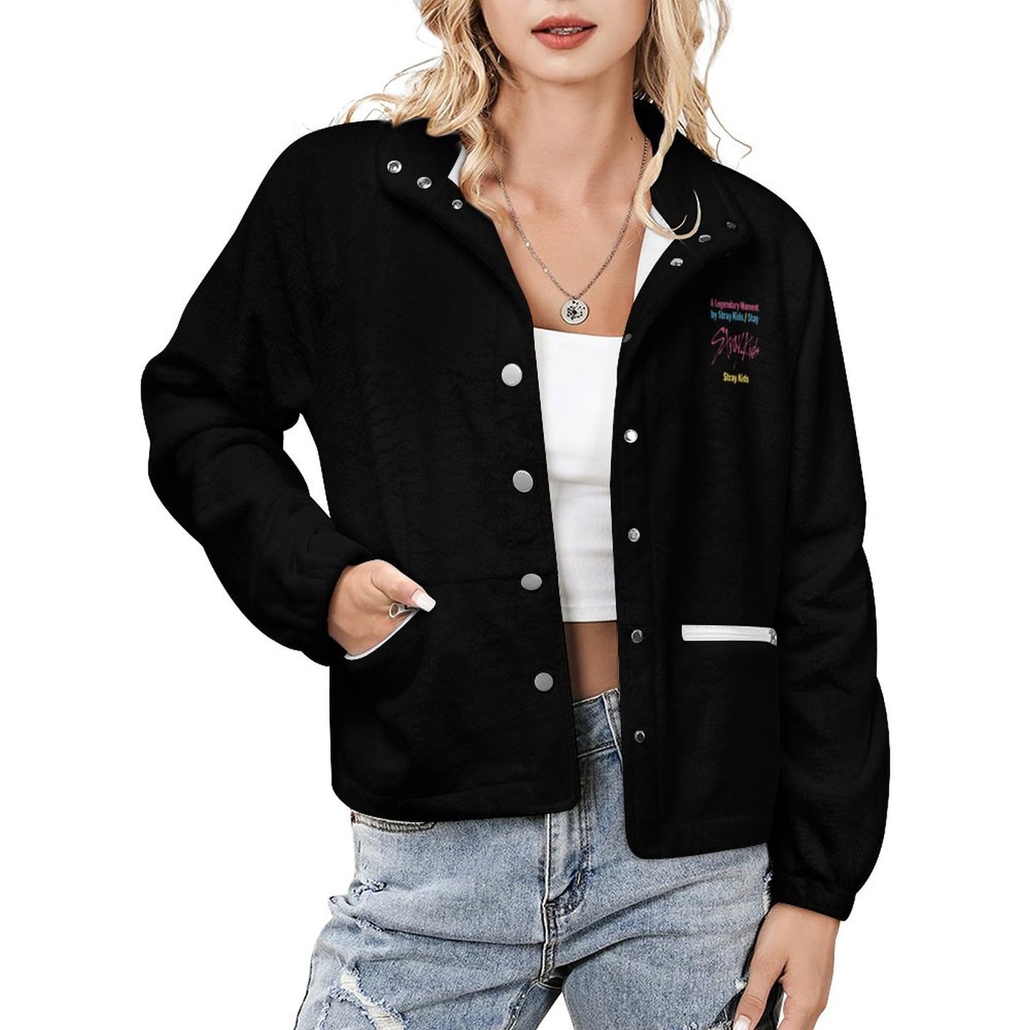 Women's Stand-Up Collar Fleece Jacket(All-Over Printing) — front view