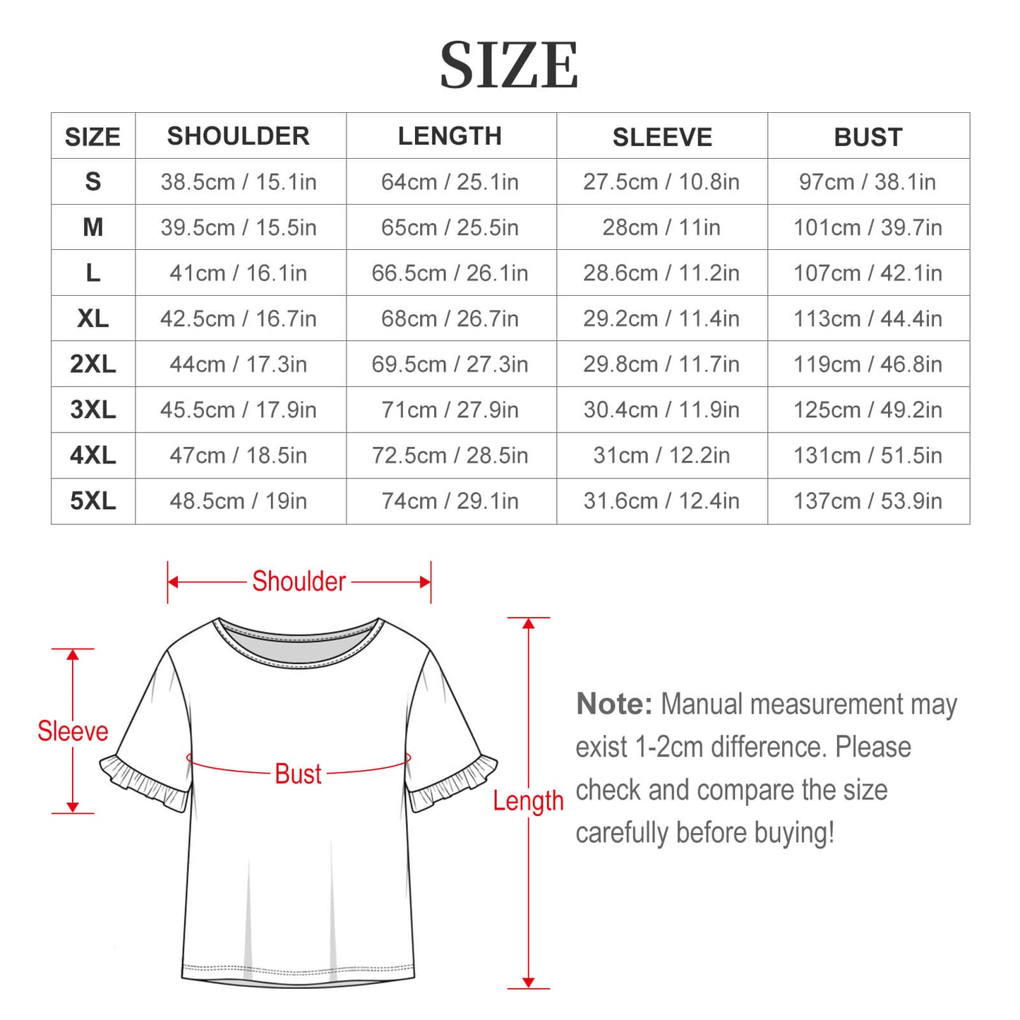 Flat lay dimension size chart for the women's flared sleeve graphic tee, outlining inclusive European sizing parameters from S to 5XL.