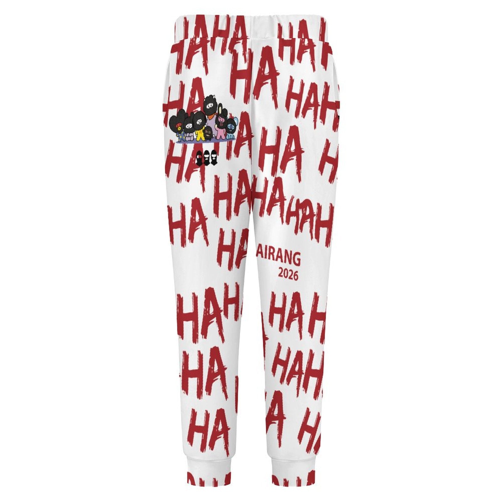 A detailed close-up display of the red HA HA HA text pattern layout on the BT21 Hooligan casual streetwear joggers.