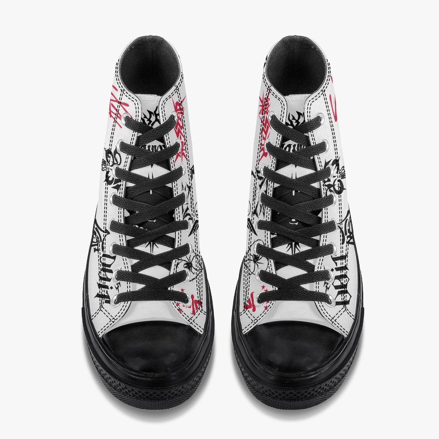 Top-down view of custom Stray Kids black and white high-top canvas sneakers featuring red and black era-inspired fandom graphics, secure black lace-up closure, and durable rubber outsoles for K-pop concert streetwear.