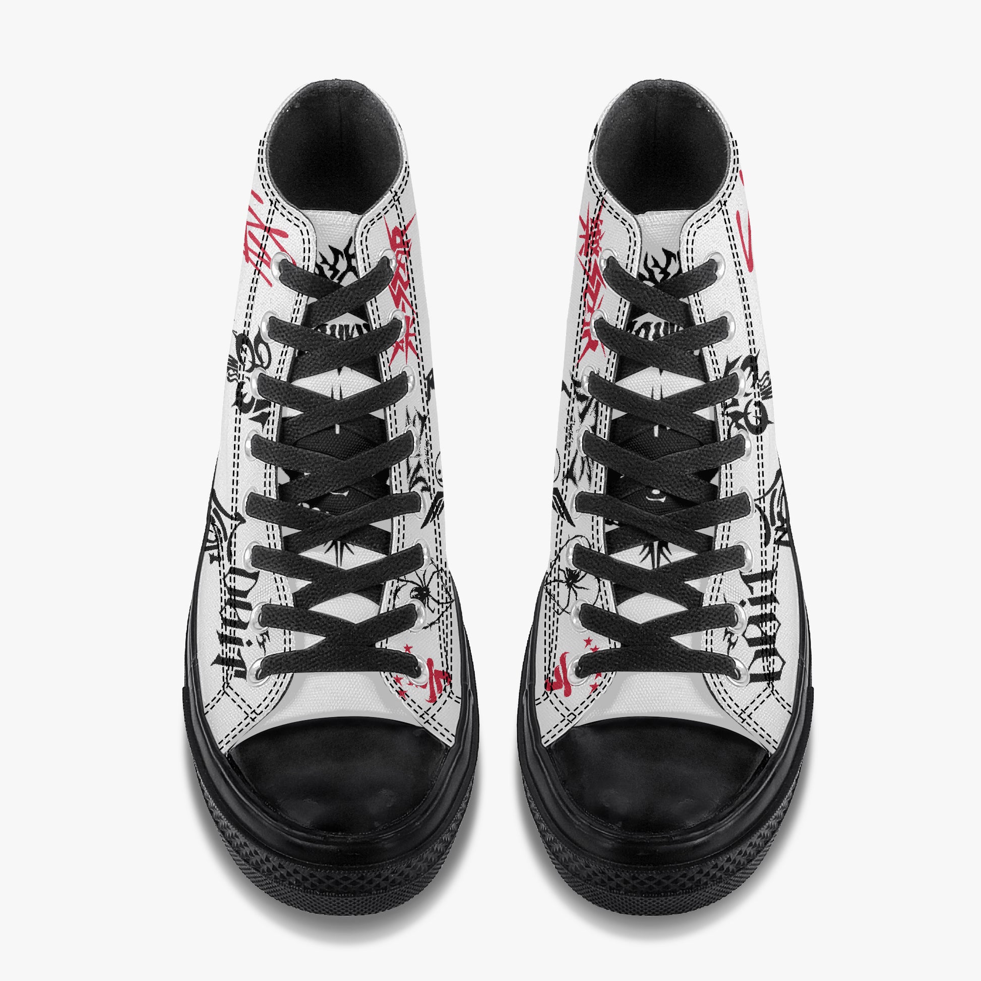 Top-down view of custom Stray Kids black and white high-top canvas sneakers featuring red and black era-inspired fandom graphics, secure black lace-up closure, and durable rubber outsoles for K-pop concert streetwear.