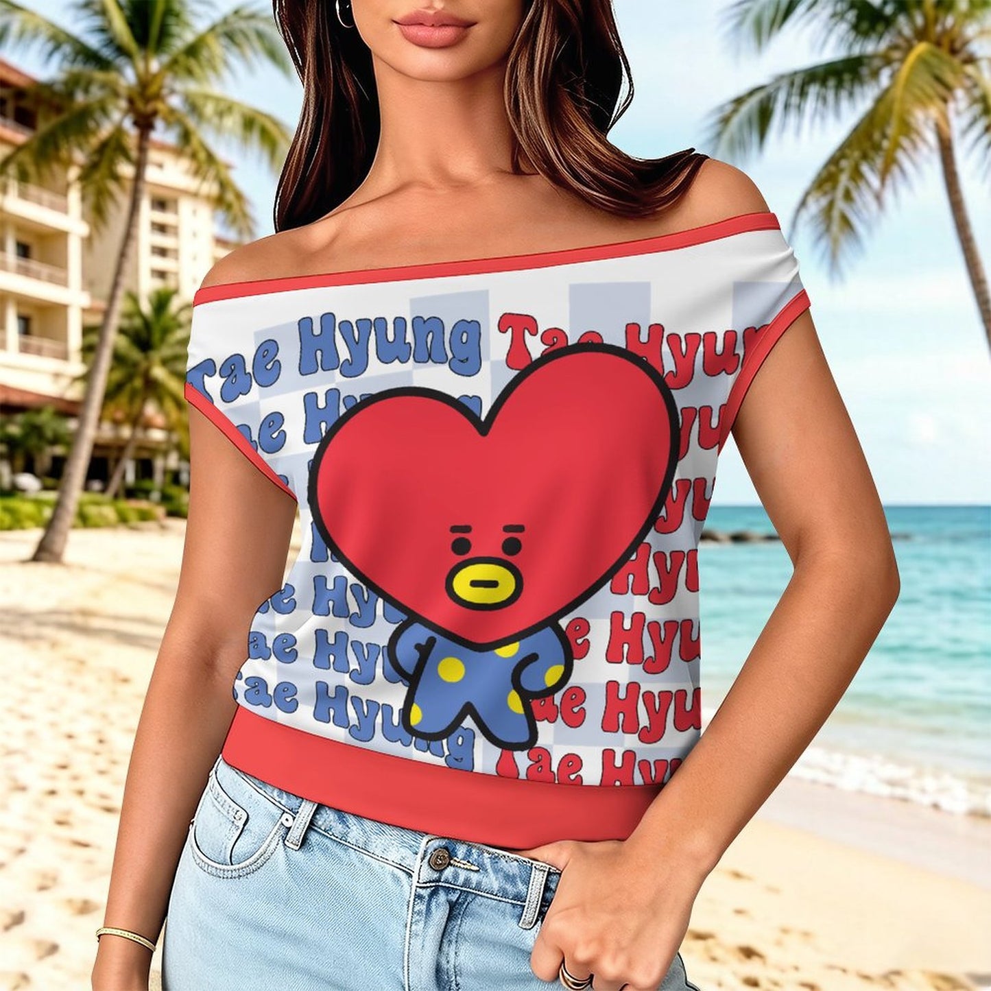 BT21 Tata V Taehyung Off-Shoulder T-Shirt | K-Pop Fan Merch All-Over Print