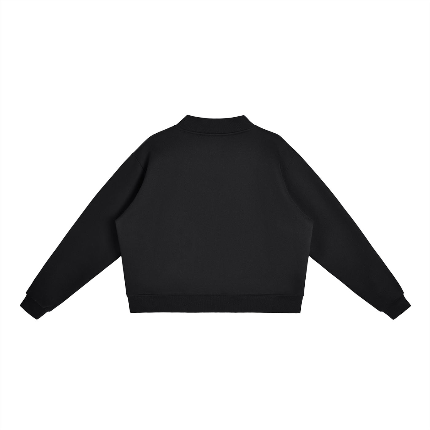 Back view of the SKZ Felix SKZOO black mock-neck cropped sweatshirt, showcasing the drop-shoulder layout and premium fleece tailoring.