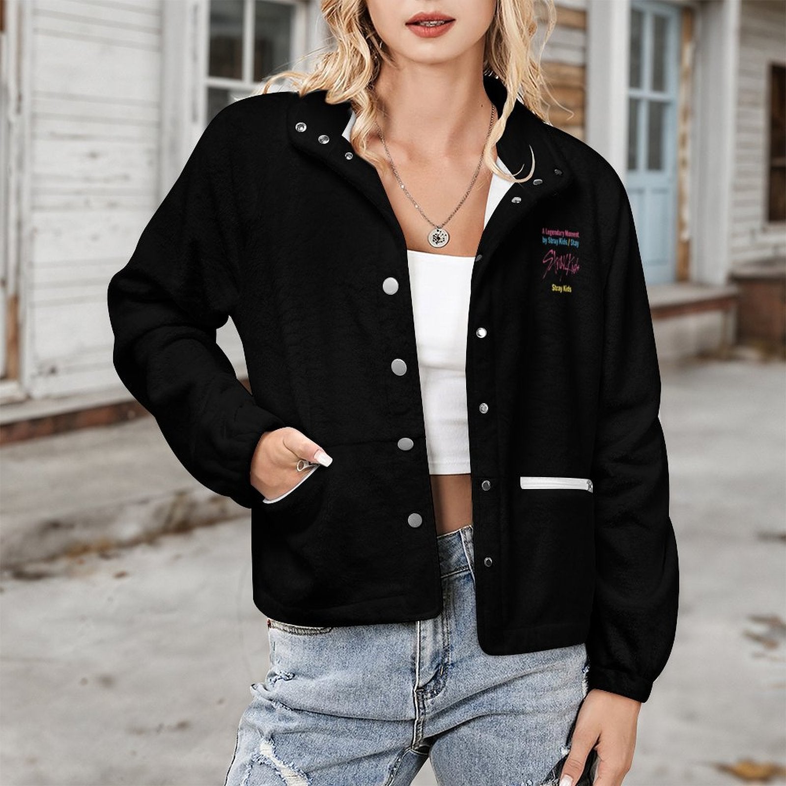 Women's Stand-Up Collar Fleece Jacket(All-Over Printing) — back view