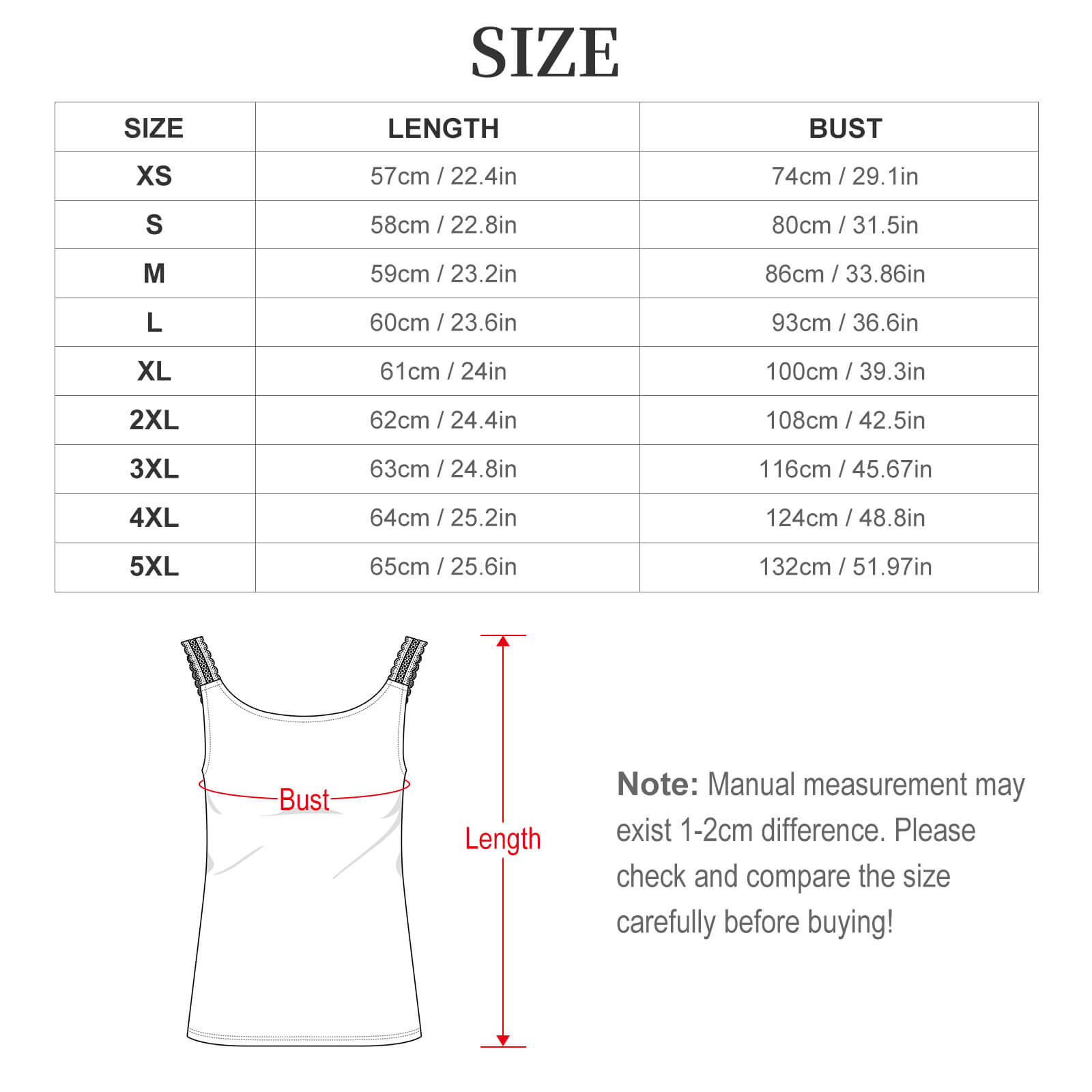 Size chart for a garment with measurements in centimeters and inches.