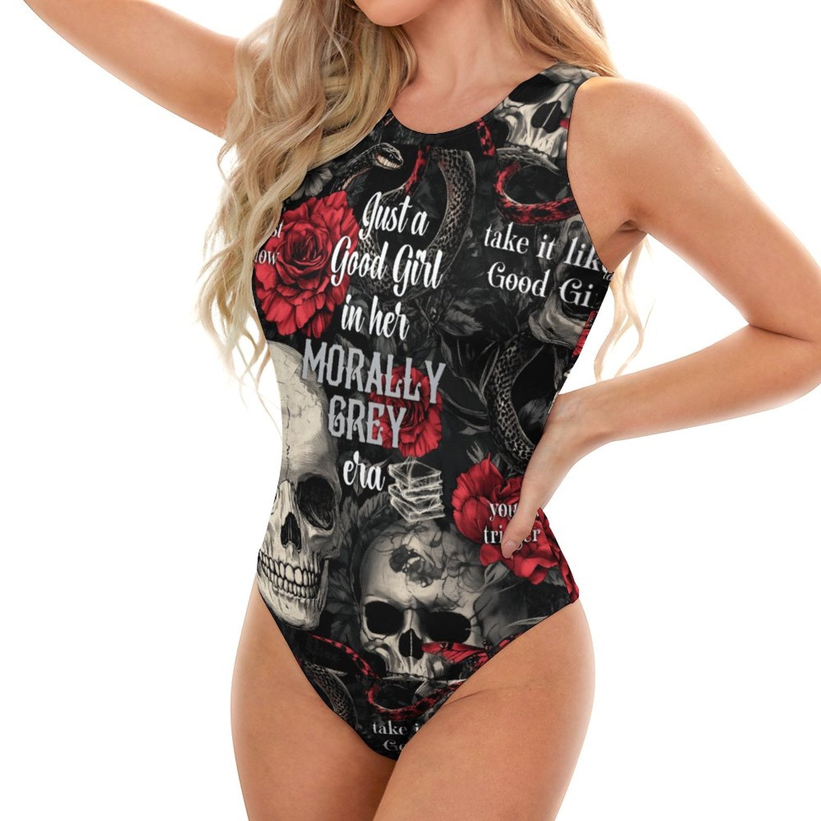 Model styled in a Dark Romance aesthetic bodysuit, perfect for Dark Academia and bookish outfits.