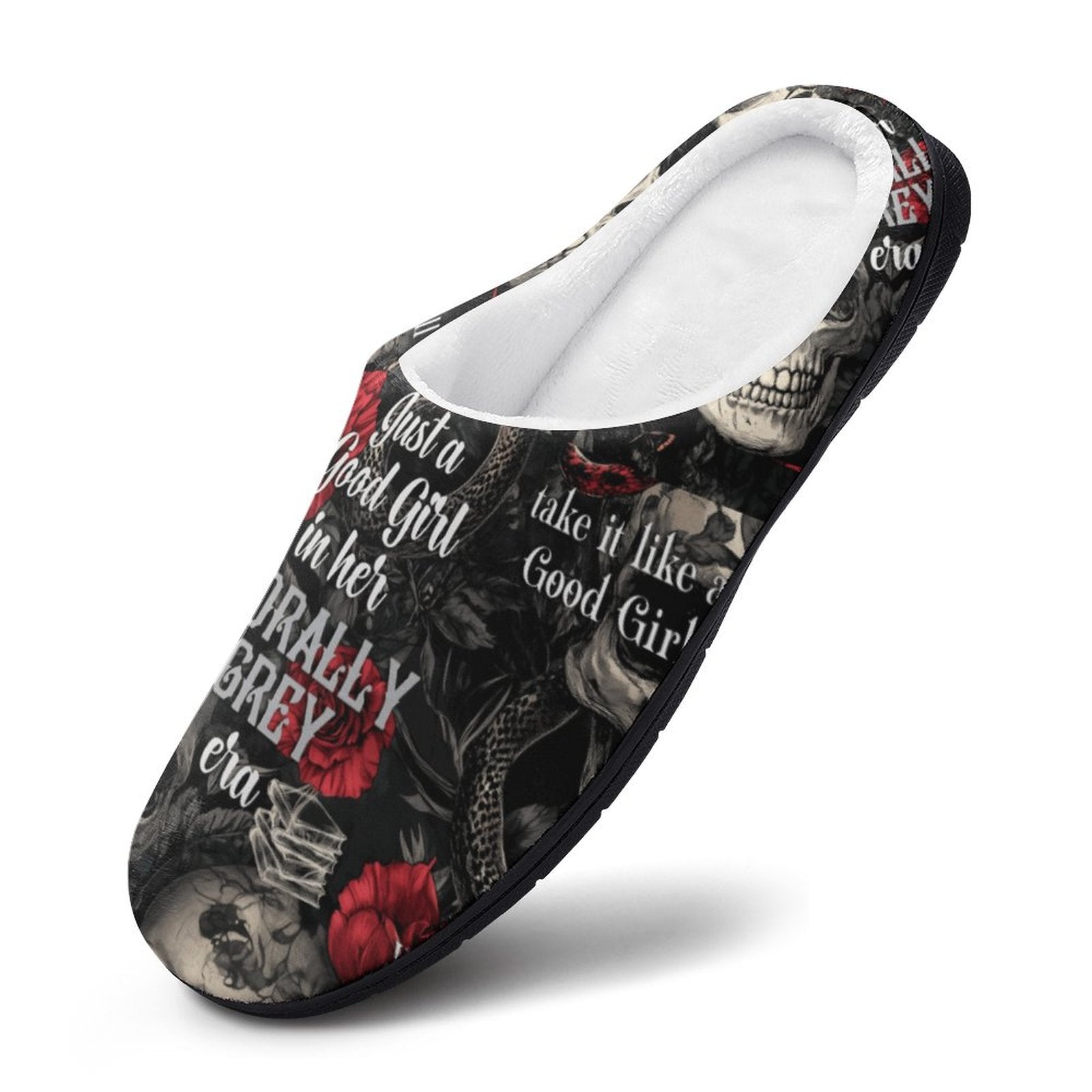 White plush bookish slippers with 'In My Morally Grey Era' text and skull rose design.