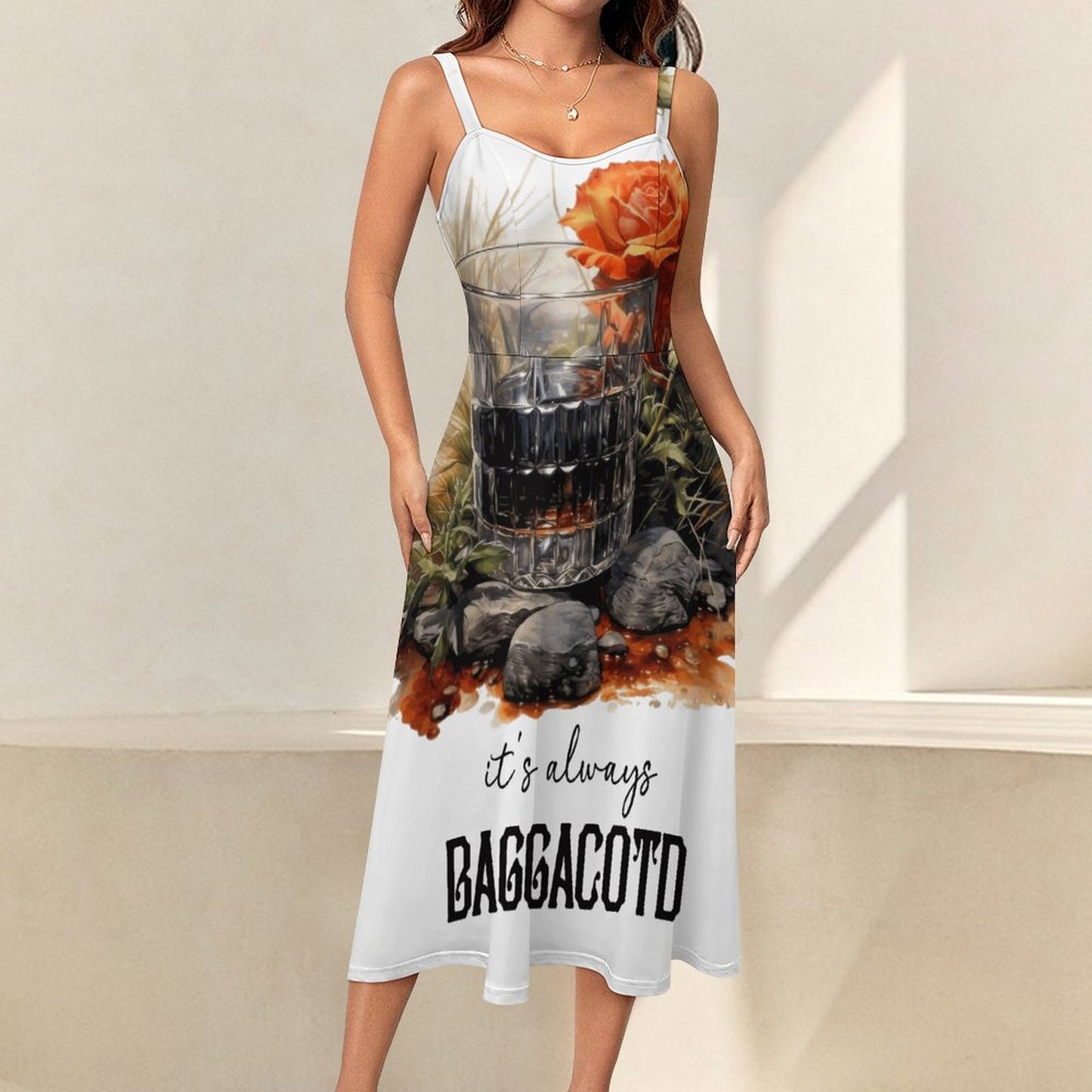 "It's Always BAGGACOTD" Midi Spaghetti Strap Dress – A-Line Sublimation Dress
