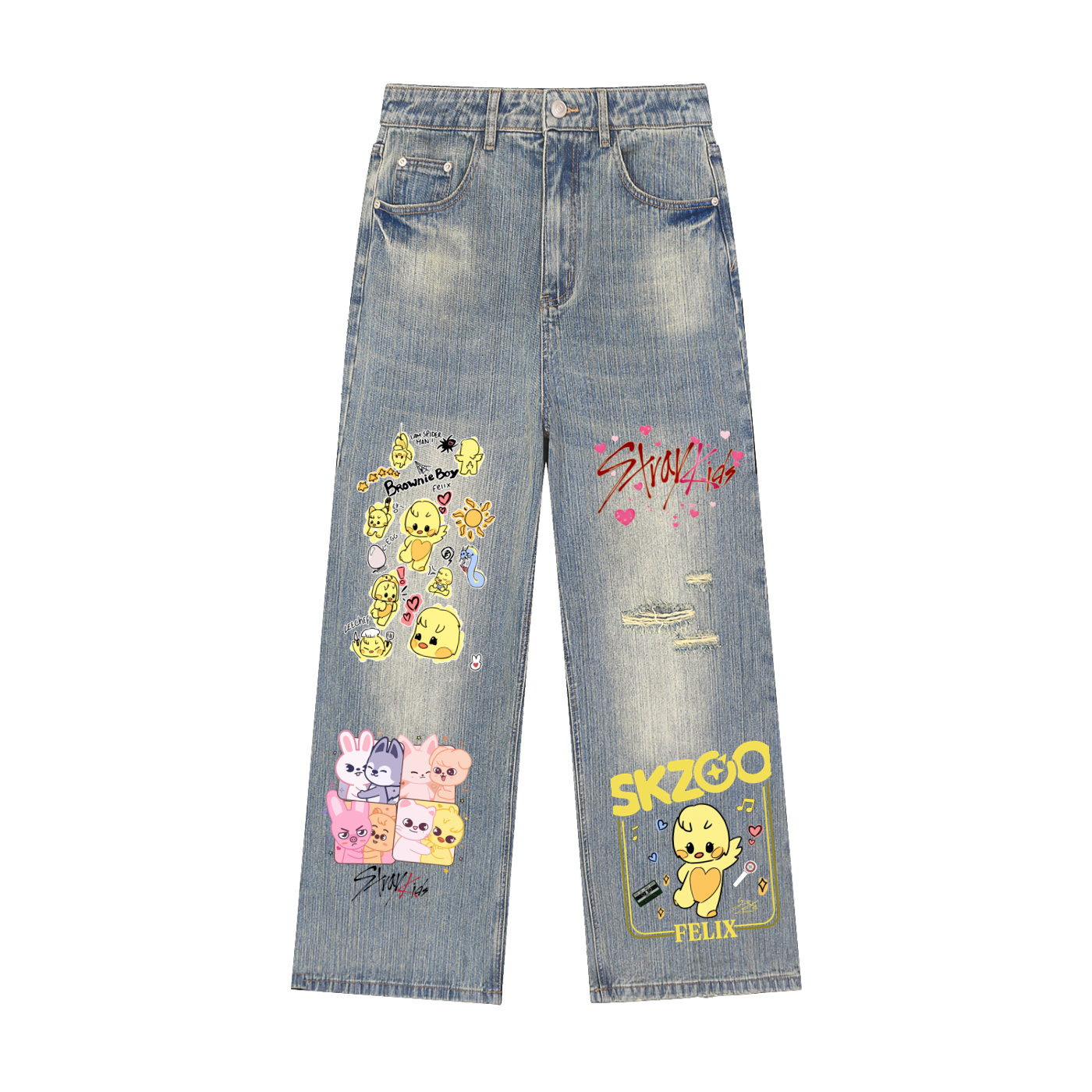 Front view of SKZ SKZOO Felix vintage wash distressed denim jeans in light blue, featuring custom character graphics, ripped streetwear details, and a baggy wide-leg silhouette.