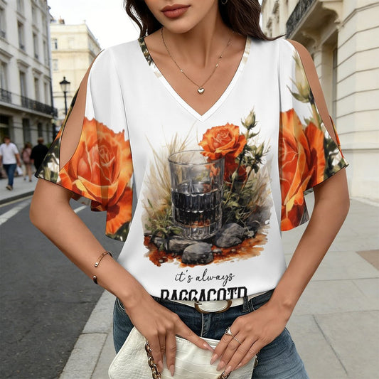 Close-up view of the premium ruffled short sleeves and cold-shoulder cutout styling on a custom printed 200gsm graphic reading shirt.