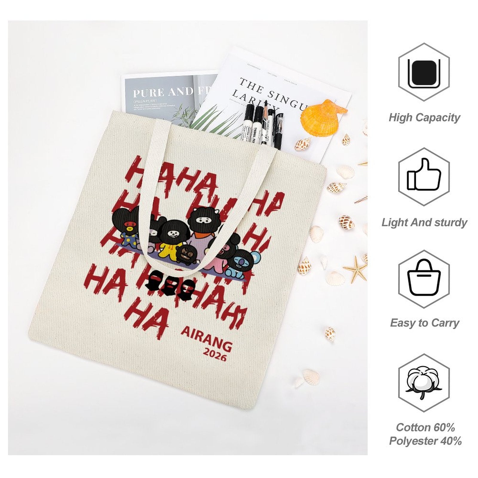 Tote bag with cartoon characters and text, displayed with product features on a white background.