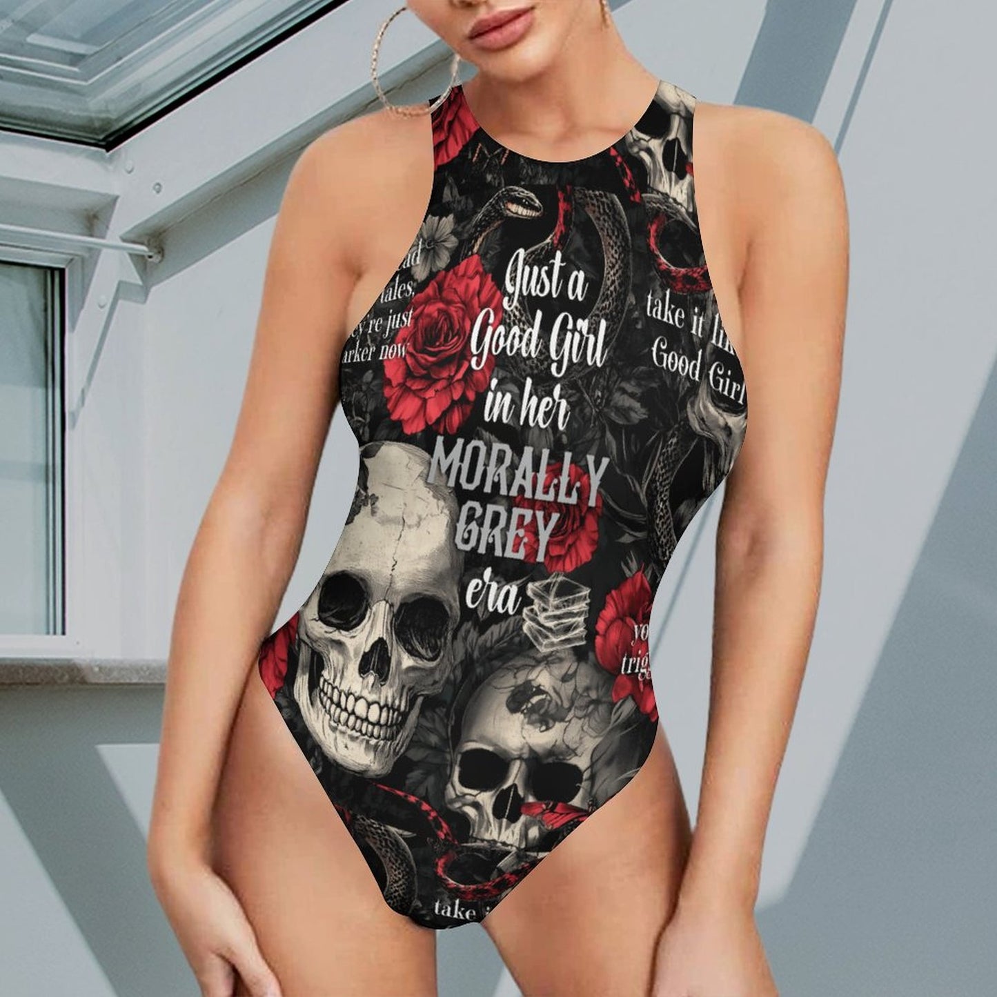 Front view of 'Morally Grey Era' black sleeveless bodysuit with gothic skull and rose design.
