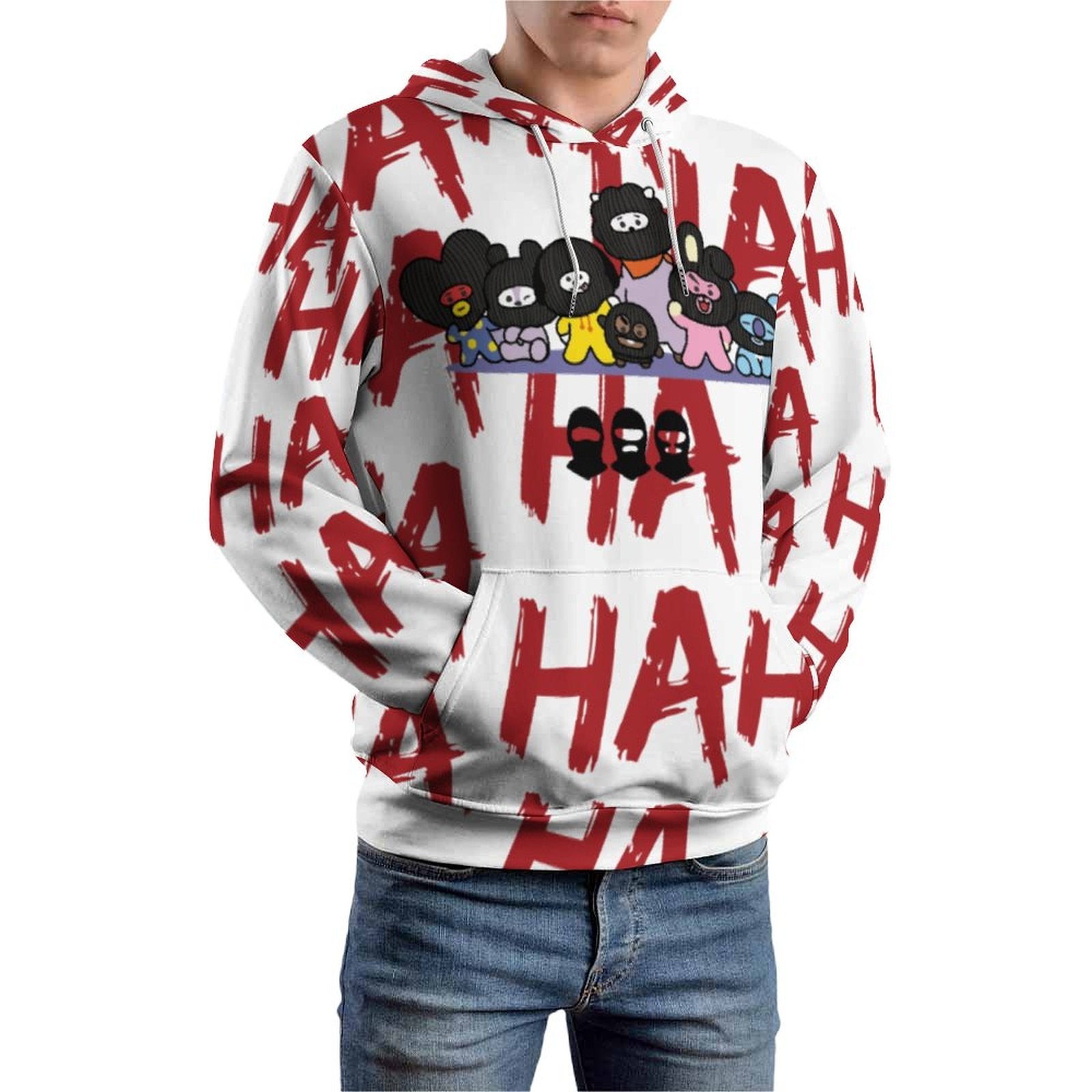 Close-up detail of the premium sublimation printing on a 230gsm polyester hoodie, showing crisp, fade-resistant lines and seamless multi-image splicing of the BT21 inspired graphic on durable, pill-resistant white fabric.