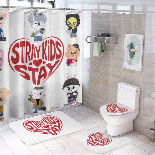 Stray Kids SKZOO Custom Bathroom Set | 4-Piece Shower Curtain & Bath Mat Set