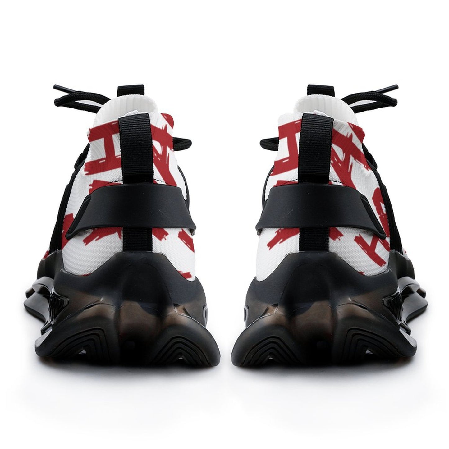 Rear view detail of the HAHAHA Hooligan custom sneakers, showcasing the black heel support straps, thick textured outsoles, and edgy red graphic patterns on a white textile upper.