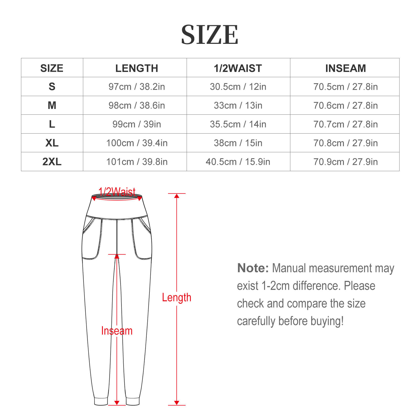 Dimension measurement chart for the women's tapered yoga joggers, showing flat-lay sizing parameters from S to 2XL to ensure a perfect true-to-size or relaxed fit.
